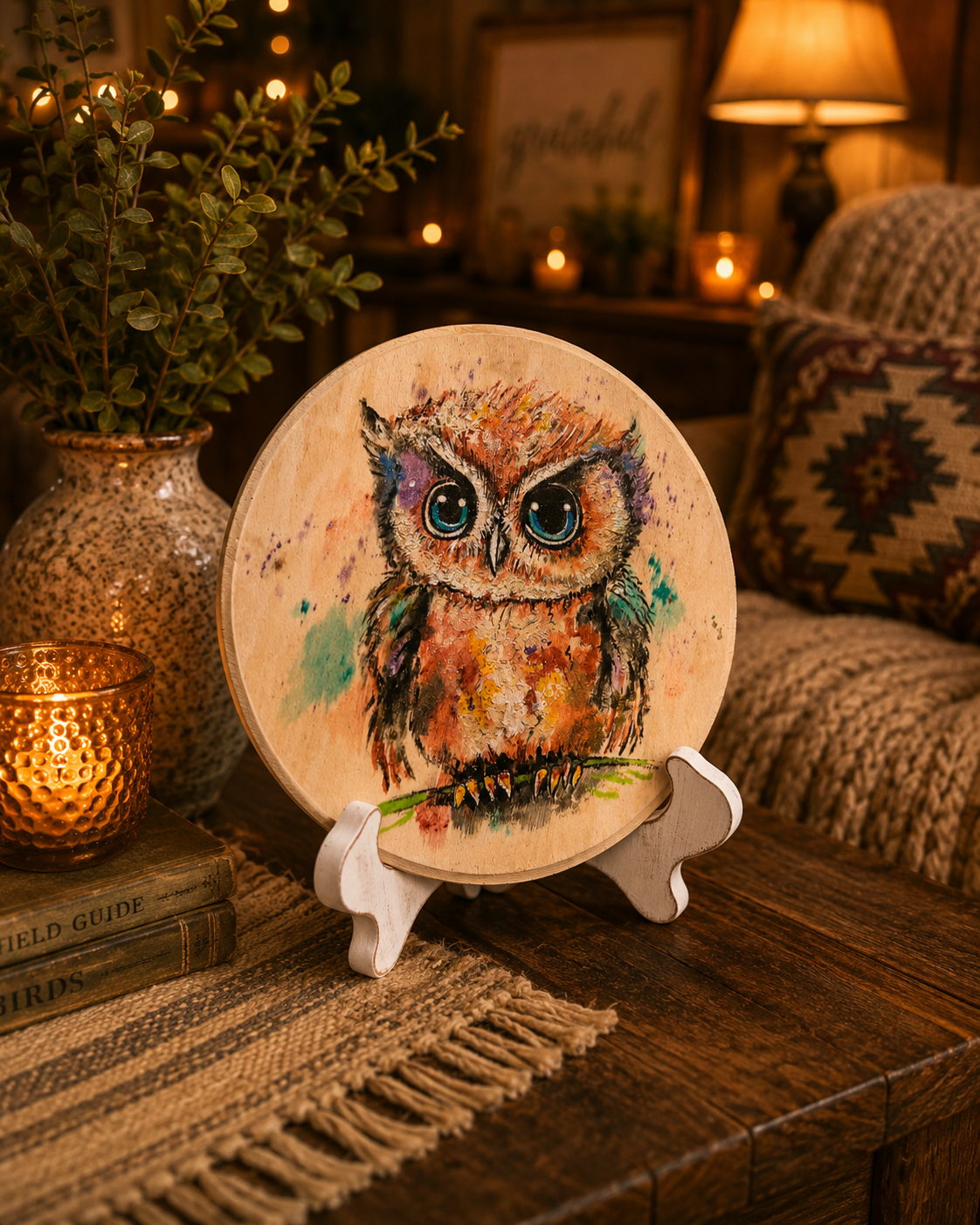 Hand-Painted Owl Wood Wall Art Whimsical Woodland Decor