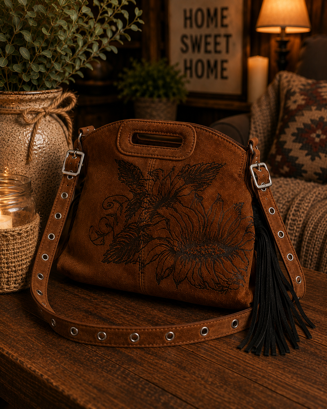 Hand-Burned Sunflower Crossbody Bag with Fringe