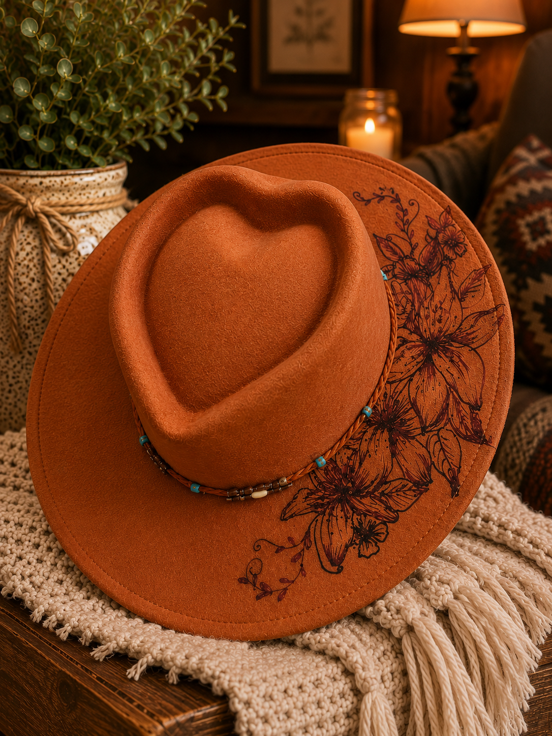 Hand-Burned Floral Western Hat with Turquoise Accent Band