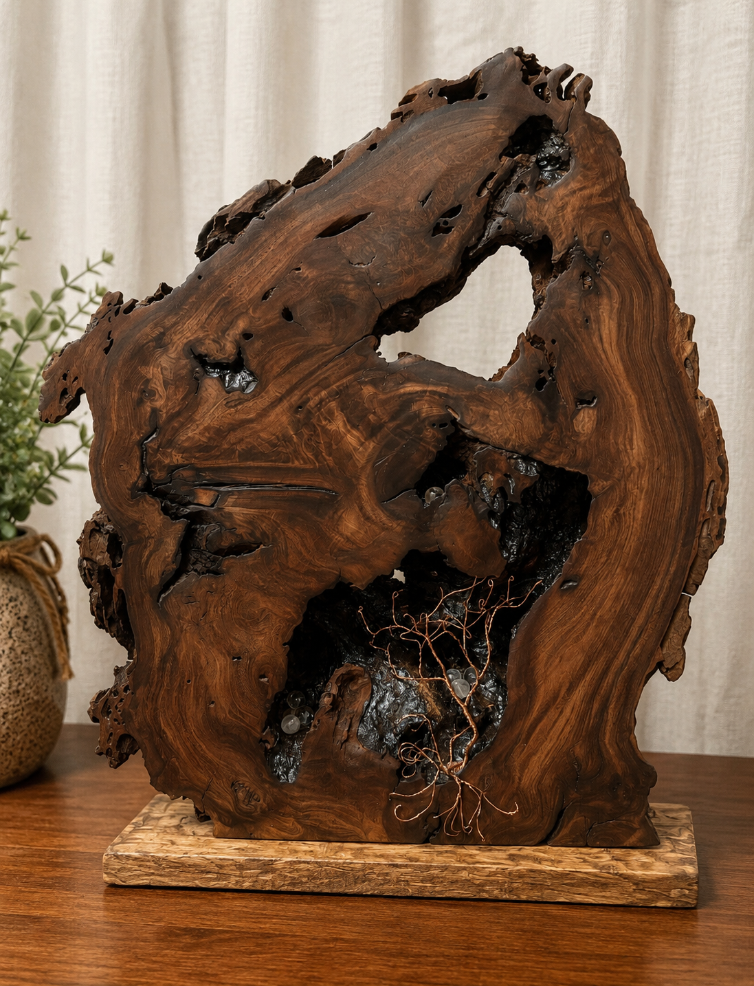 Live Edge Walnut Sculpture with Copper Tree