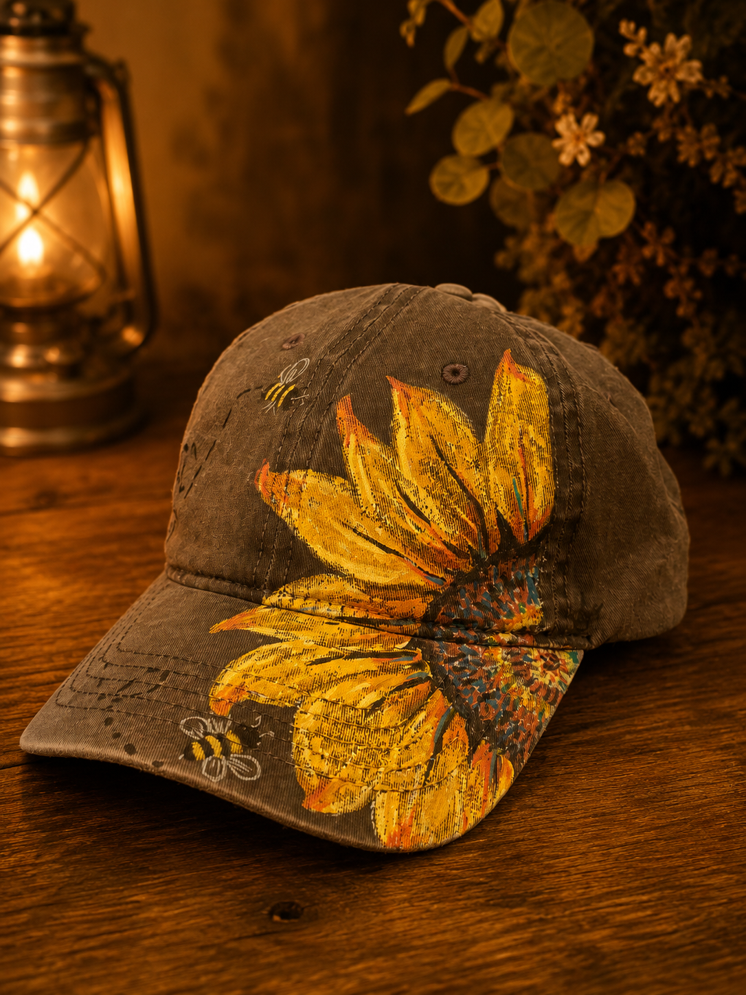 Hand Painted Sunflower Baseball Cap with Bees Gray Cotton Hat One of a Kind Floral Art