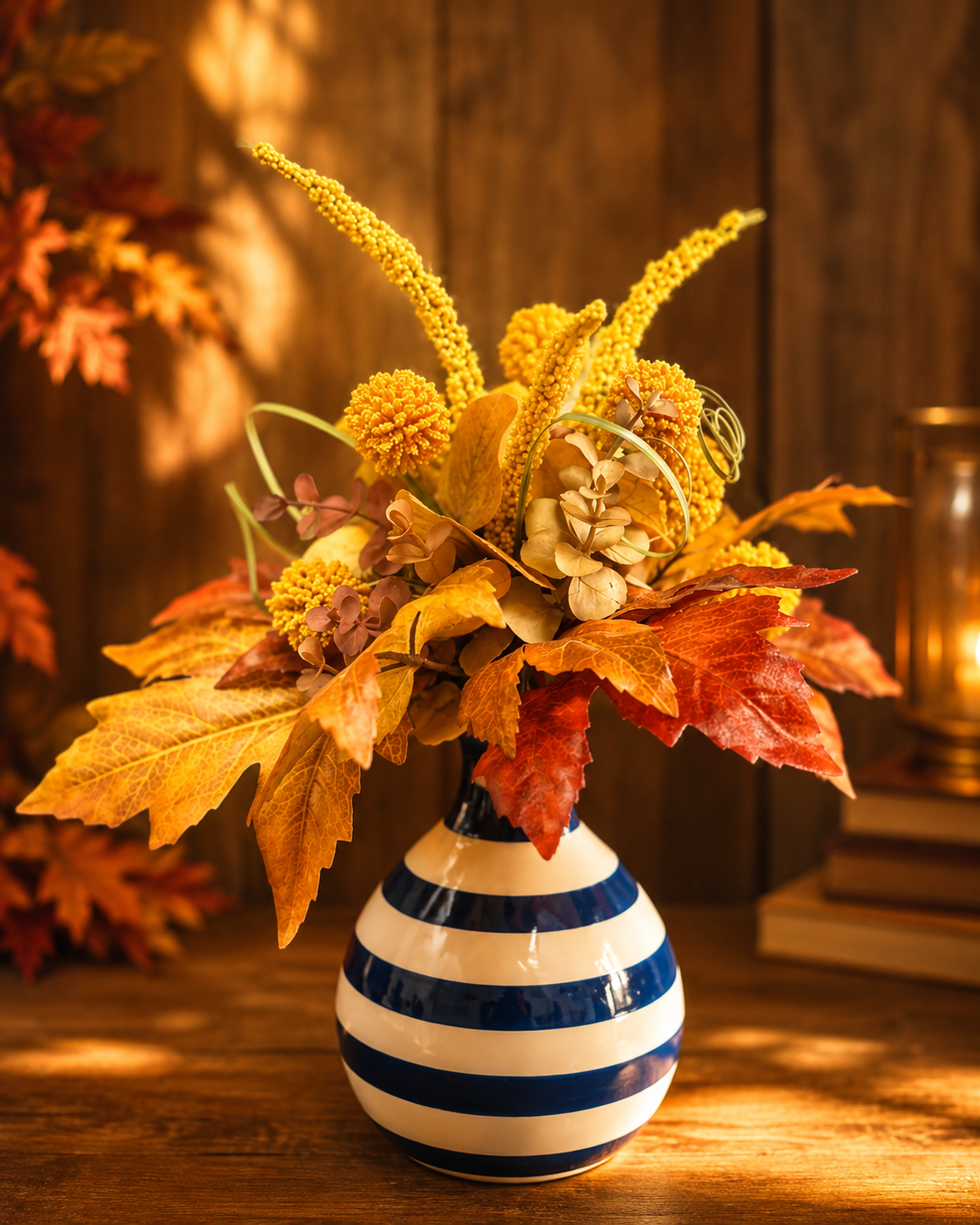 Autumn Floral Arrangement in Blue & White Ceramic Vase