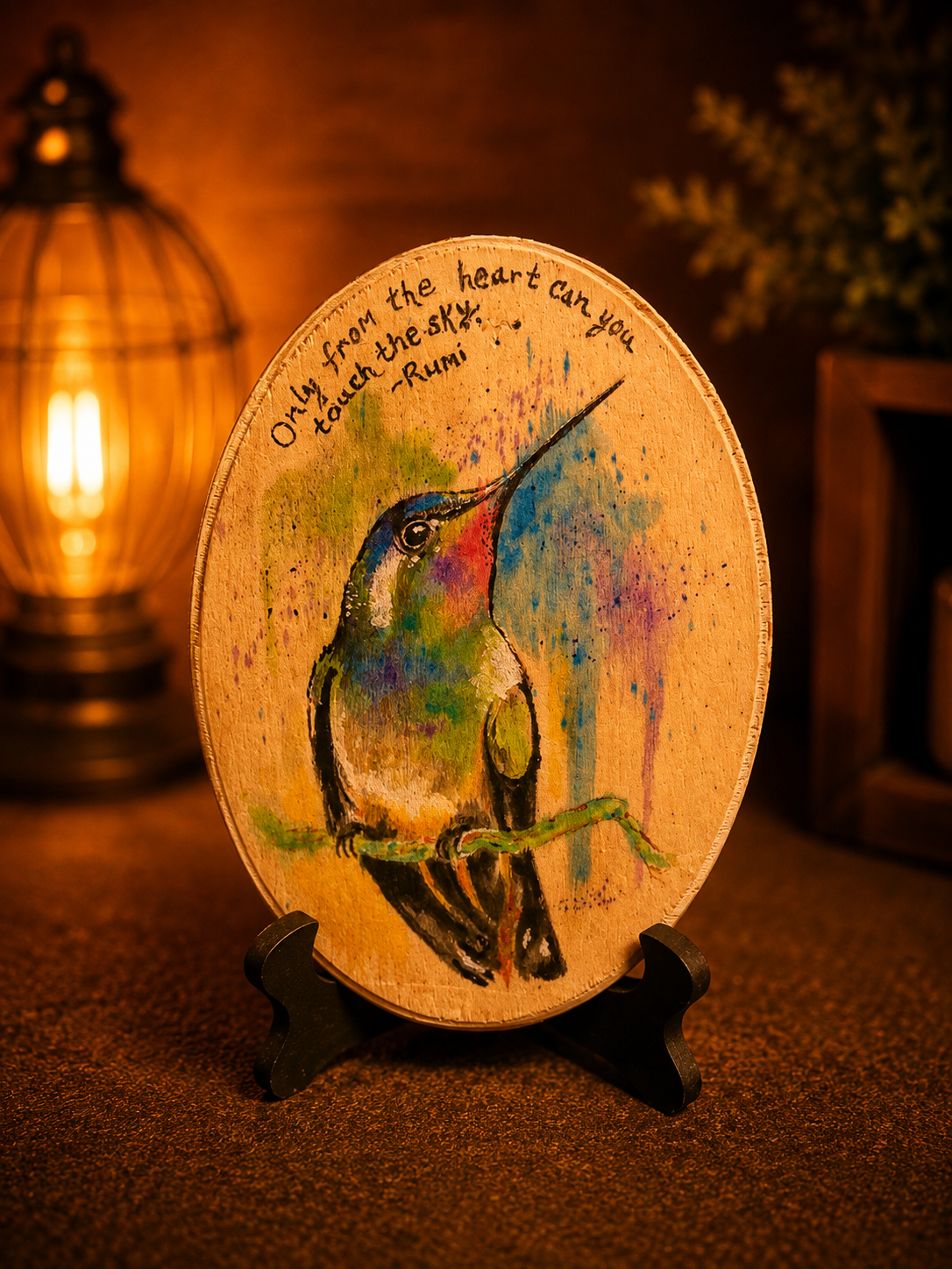 Hand-Painted Hummingbird Wood Wall Art with Rumi Quote