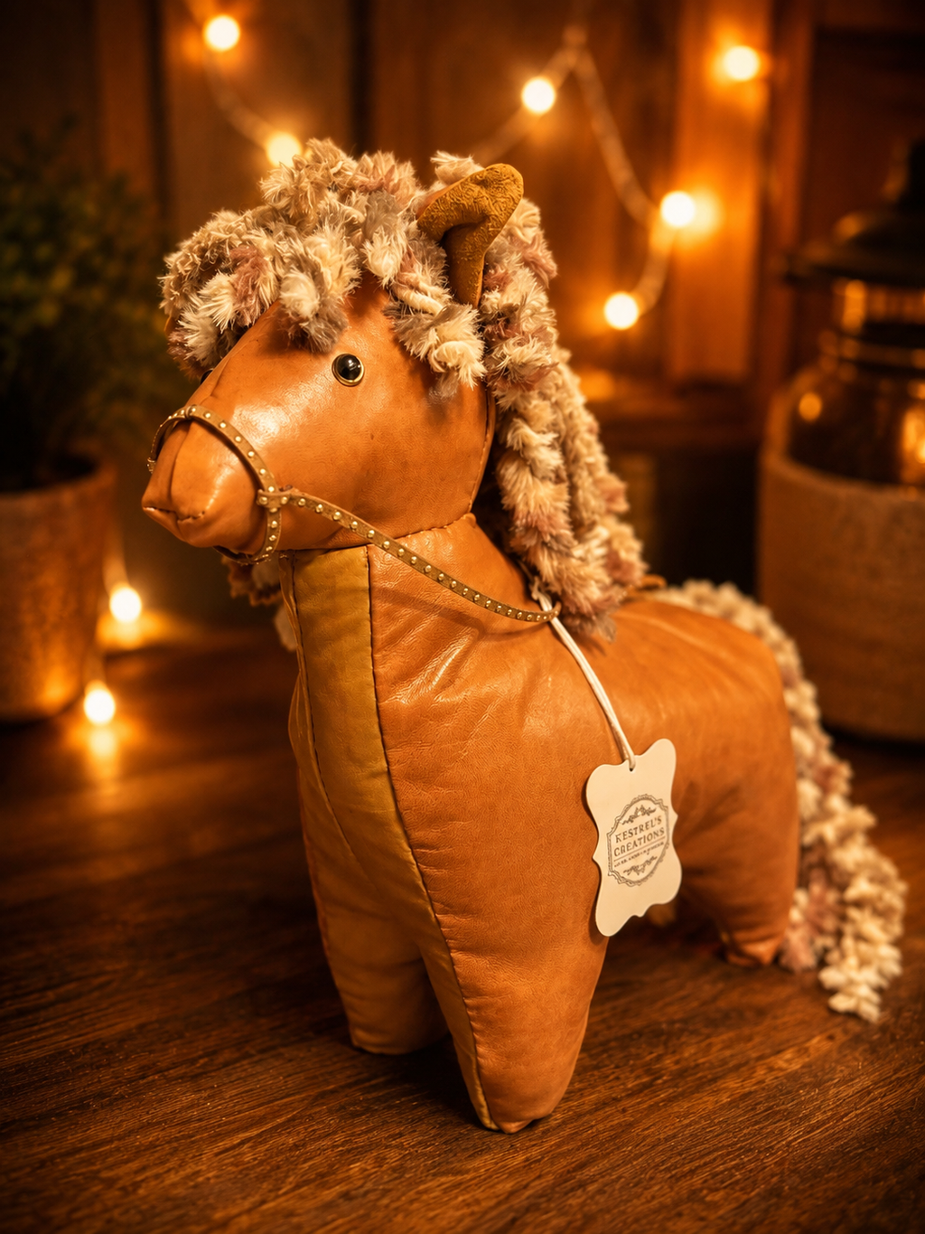 Handcrafted Leather Chestnut Horse Purse with Curly Cream & Brown Mane