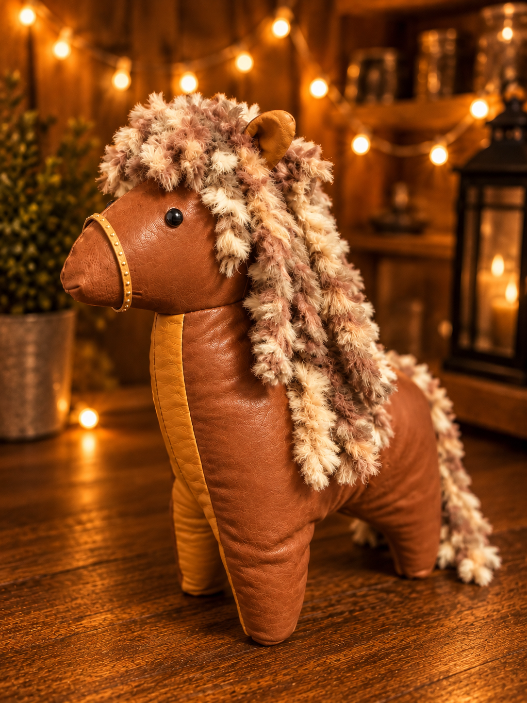 Handcrafted Leather Horse Purse – Brown Pony with Cream & Brown Curly Mane