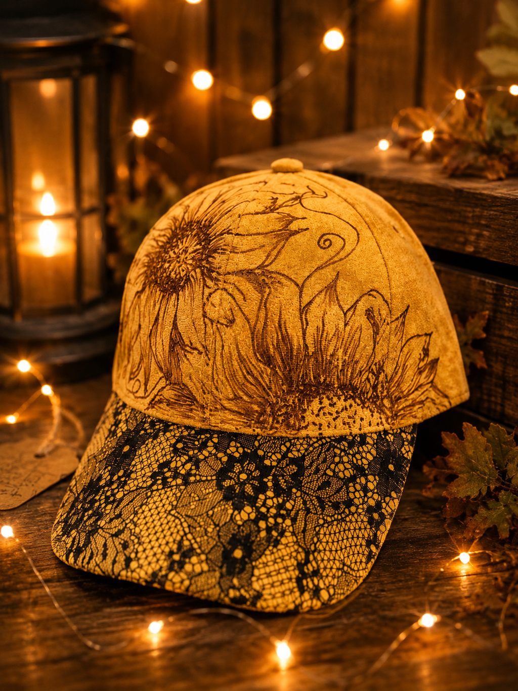 Hand Burned Sunflower Faux Suede Baseball Cap Mustard Yellow Lace Brim One of a Kind Fall Hat