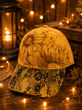Hand Burned Sunflower Faux Suede Baseball Cap Mustard Yellow Lace Brim One of a Kind Fall Hat