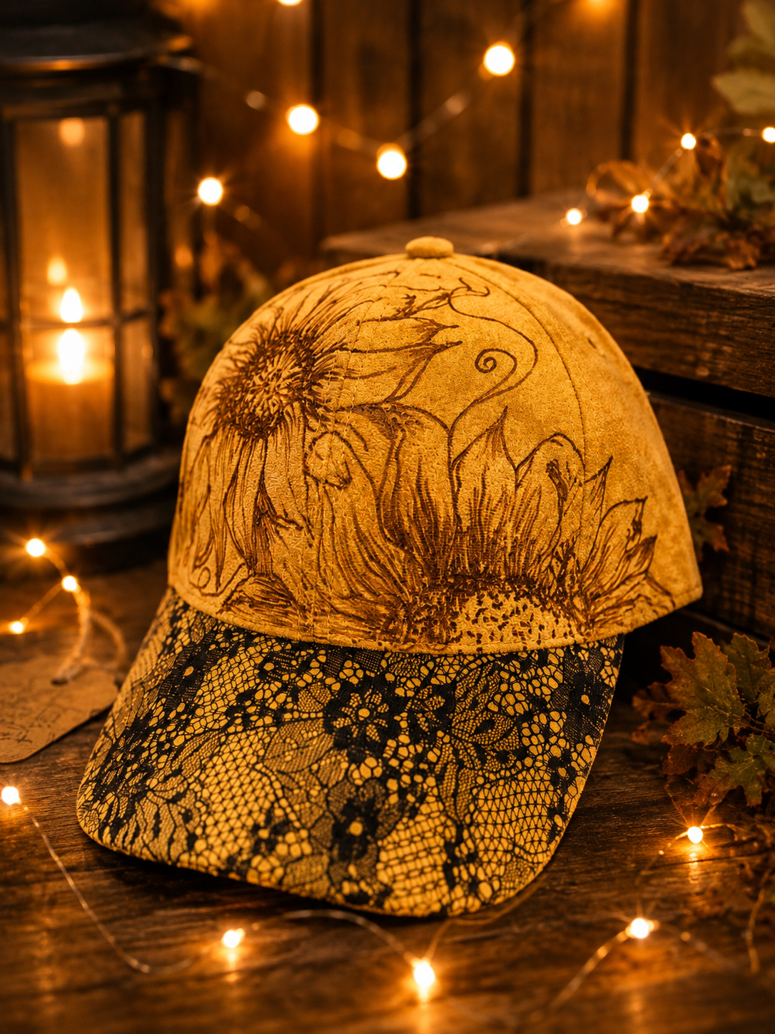 Hand Burned Sunflower Faux Suede Baseball Cap Mustard Yellow Lace Brim One of a Kind Fall Hat