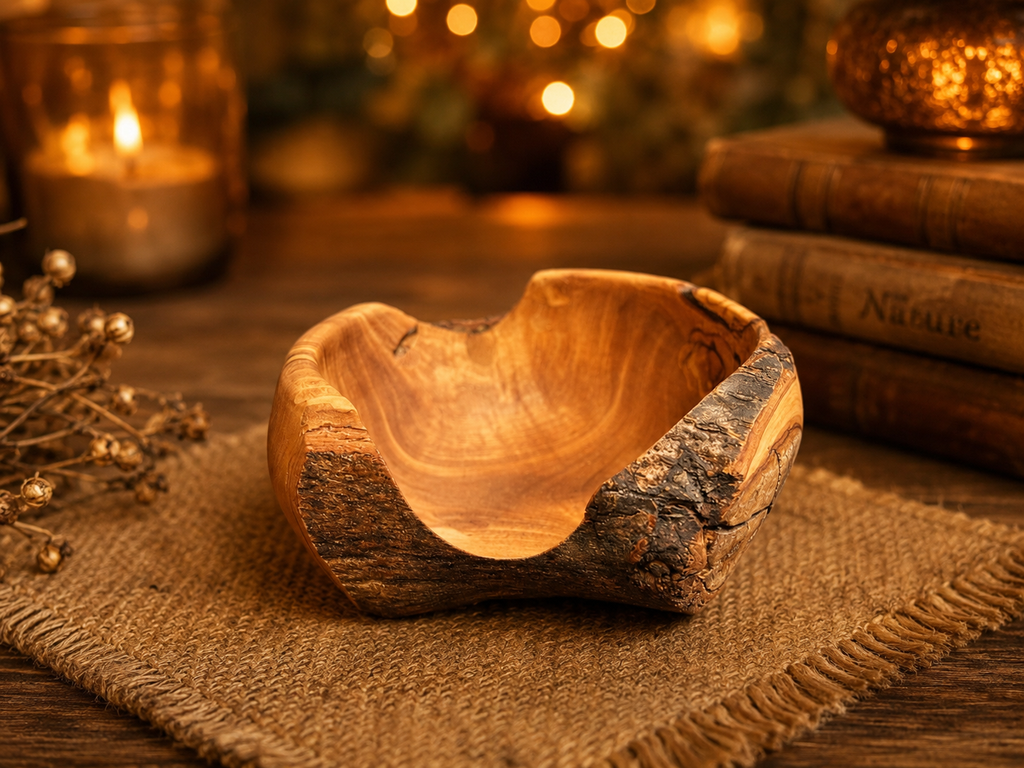 Handcrafted Olive Wood Bark Edge Trinket Bowl Rustic Natural Wood Catchall
