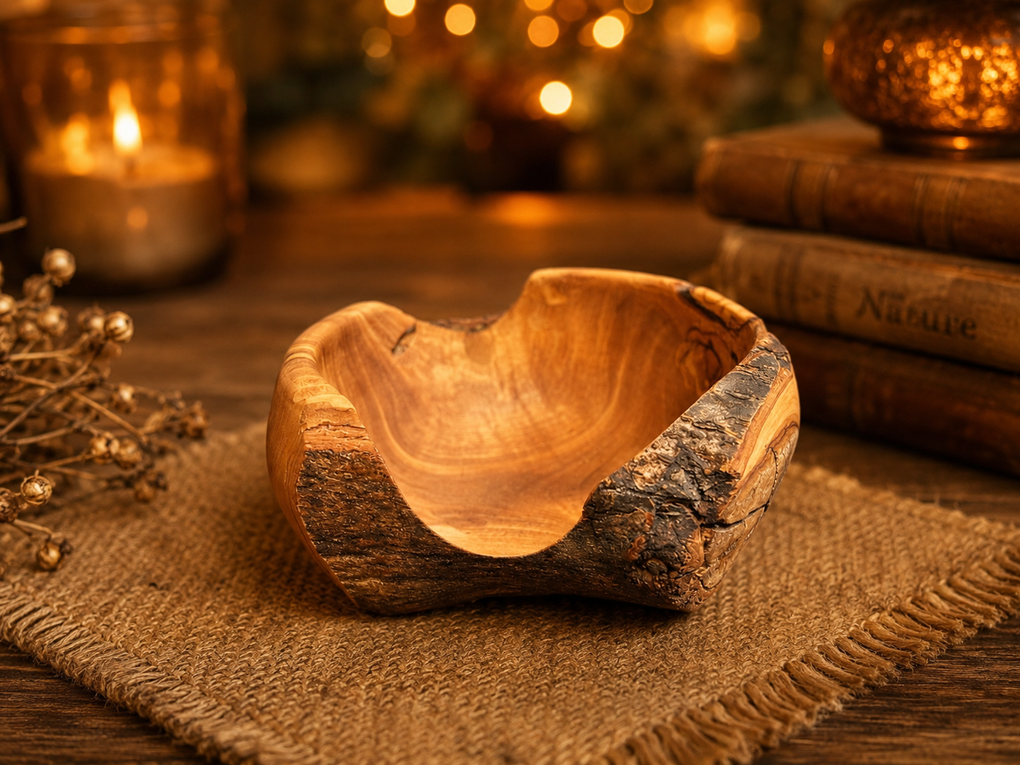 Handcrafted Olive Wood Bark Edge Trinket Bowl Rustic Natural Wood Catchall