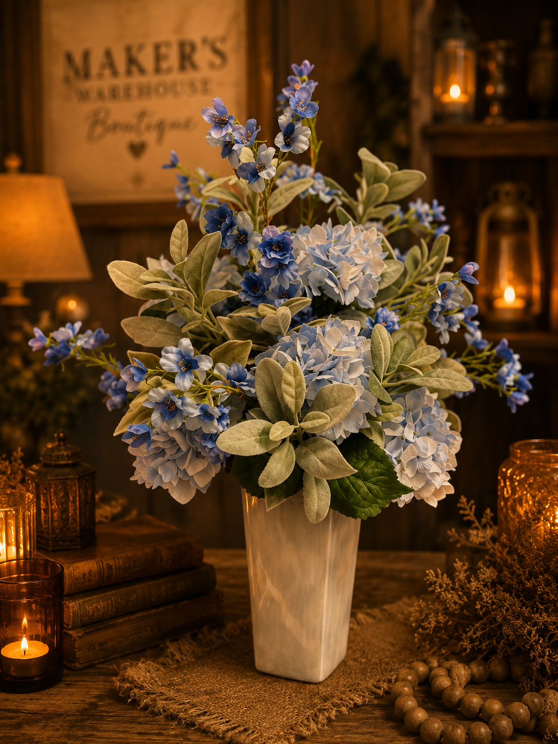 Blue Hydrangea Floral Arrangement in Marble-Look Vase