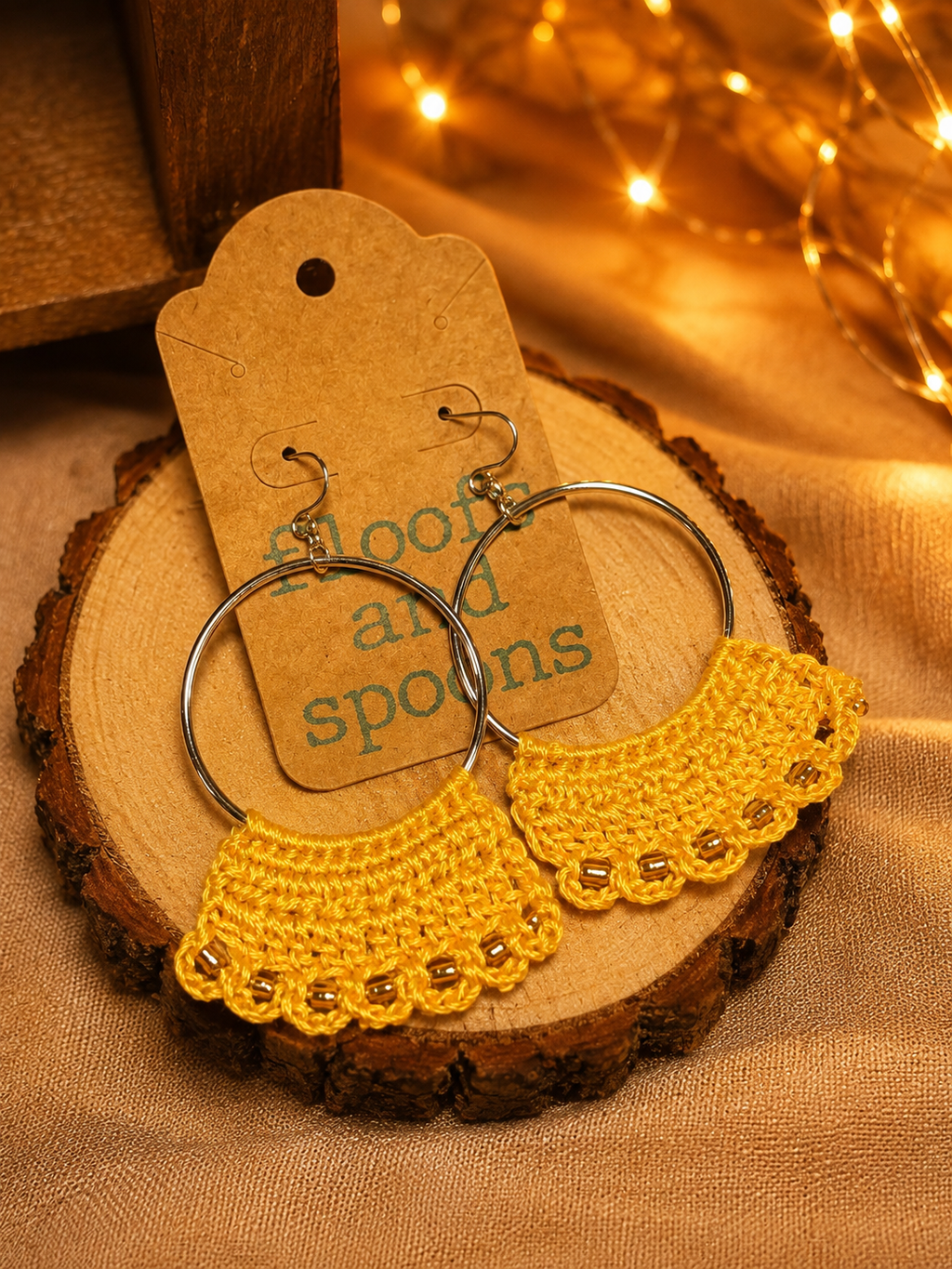 Mustard Yellow Crochet Hoop Earrings with Gold Bead Accents