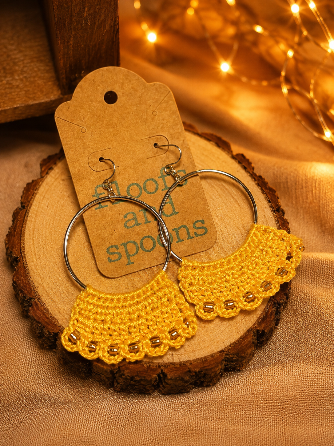 Mustard Yellow Crochet Hoop Earrings with Gold Bead Accents