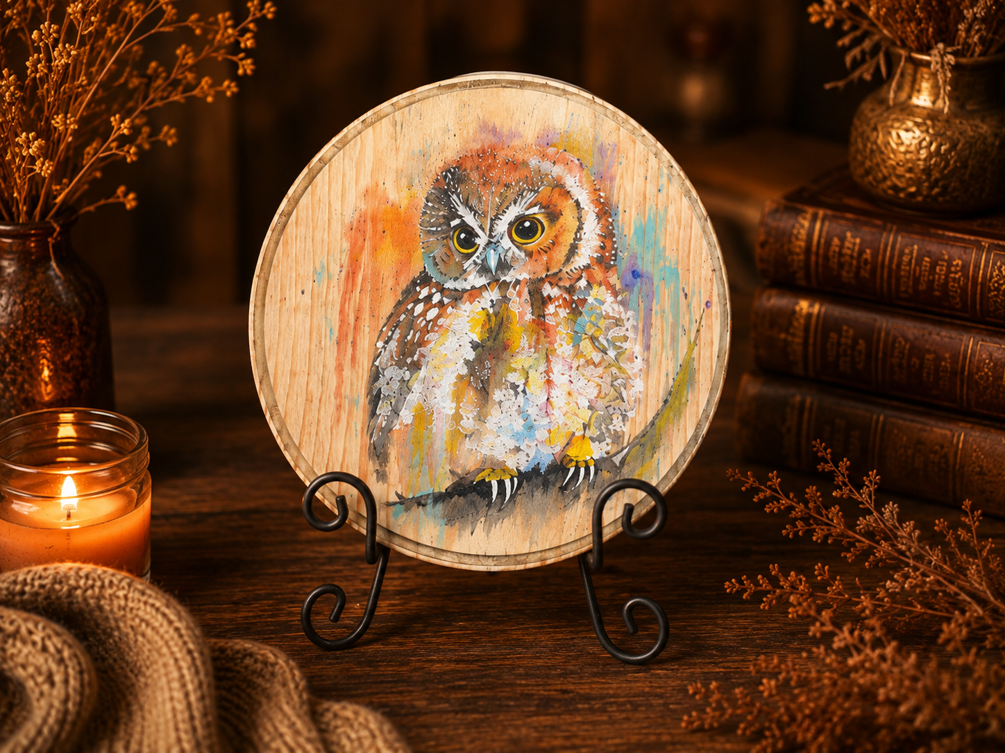 Hand-Painted Owl Wood Slice Wall Art Original Woodland Painting