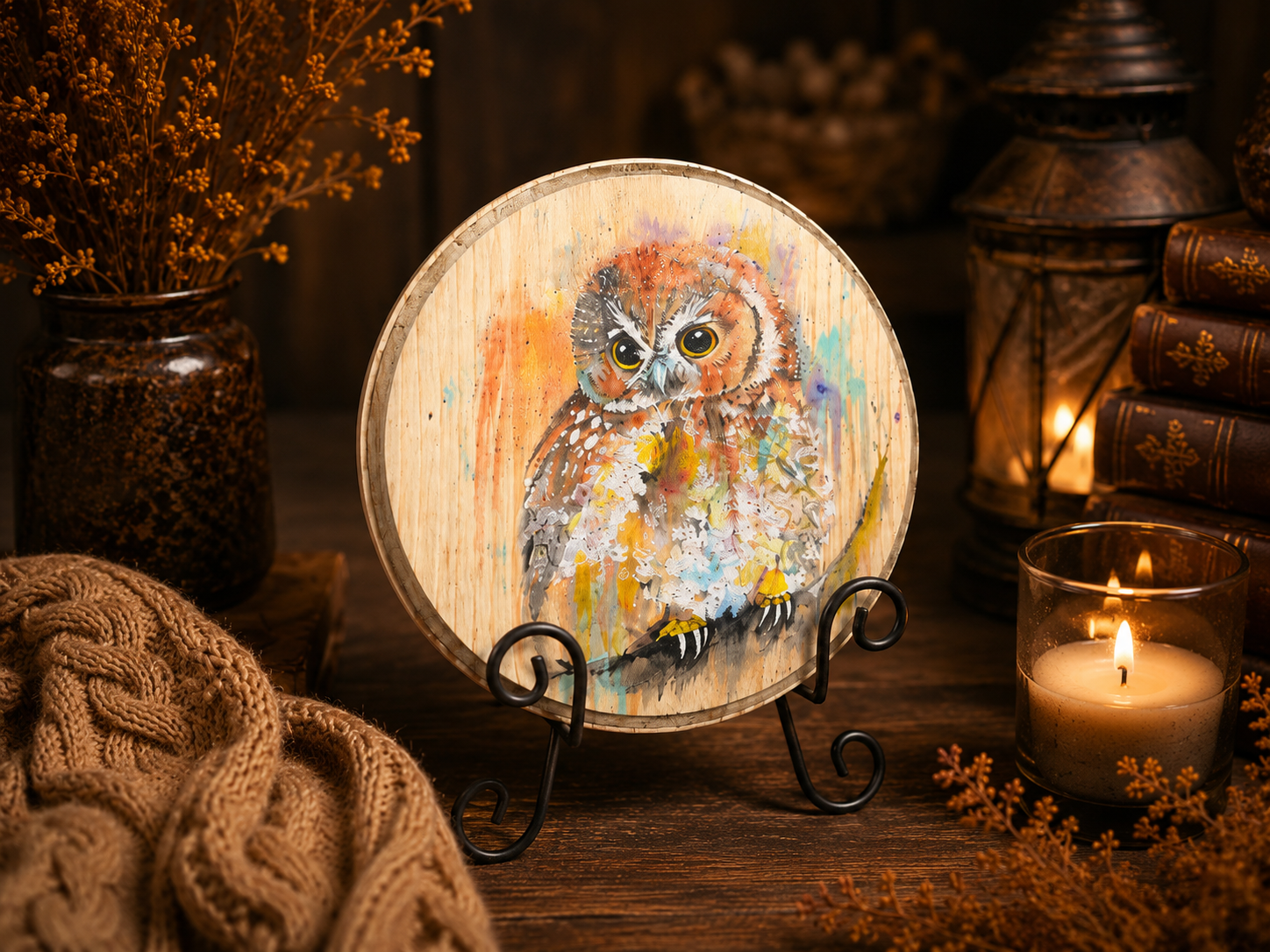 Hand-Painted Owl Wood Slice Wall Art Original Woodland Painting