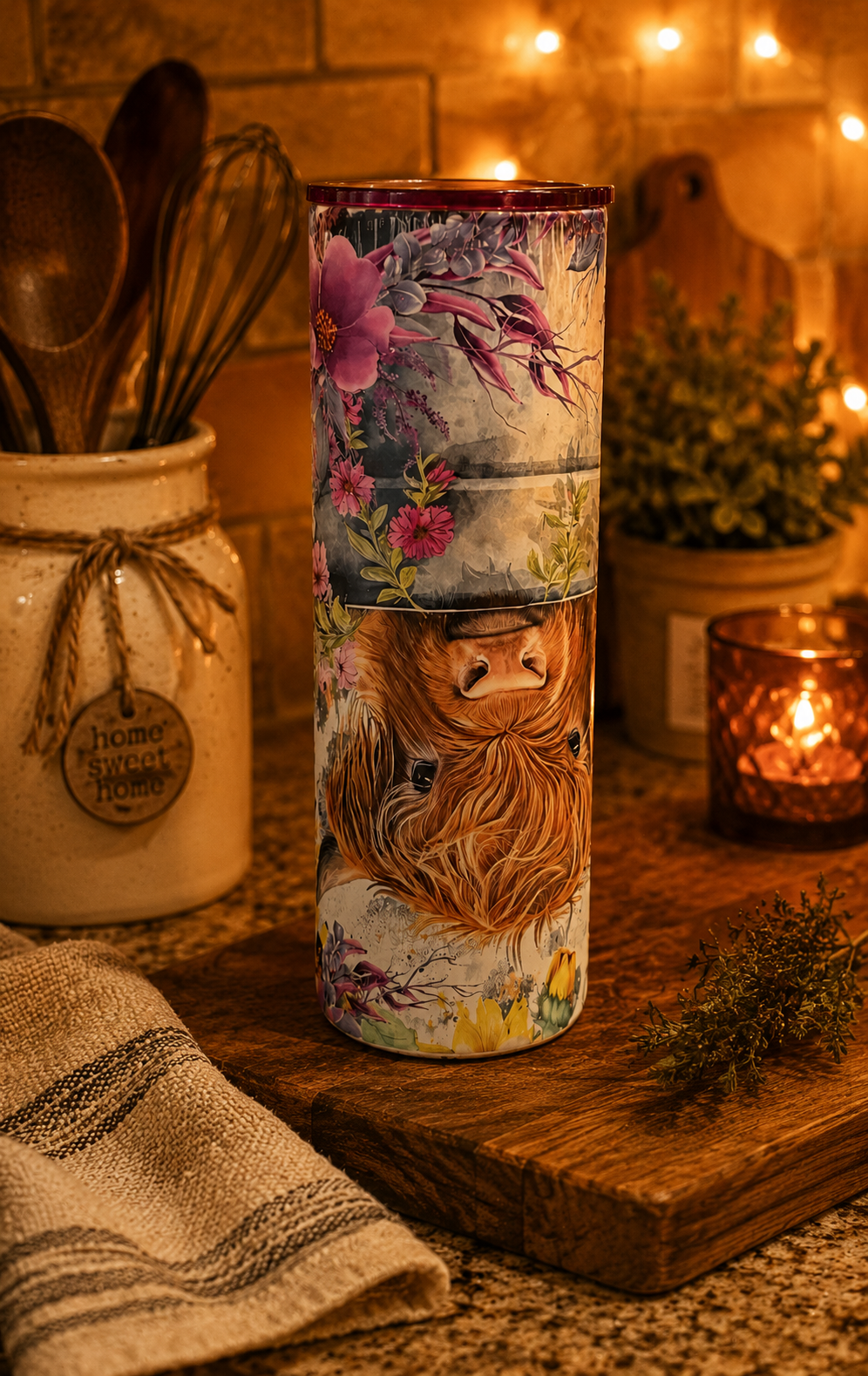 Purple Highland Cow Stainless Steel Travel Tumbler with Lid