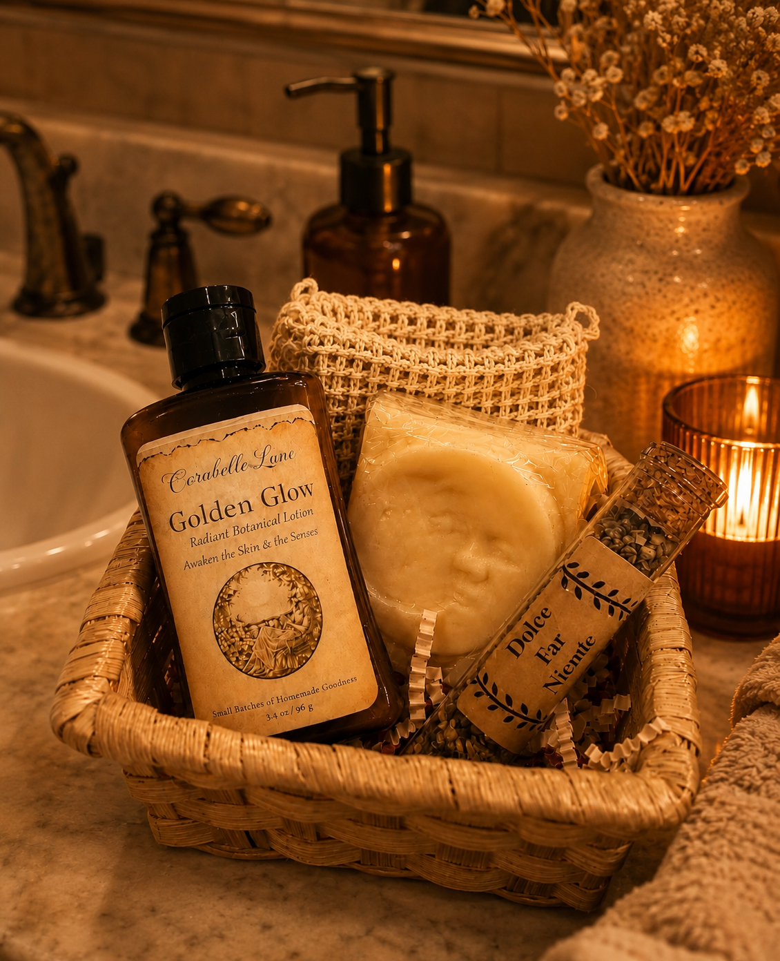 Spa Gift Basket with Handmade Lotion, Artisan Soap & Tea Gift Set