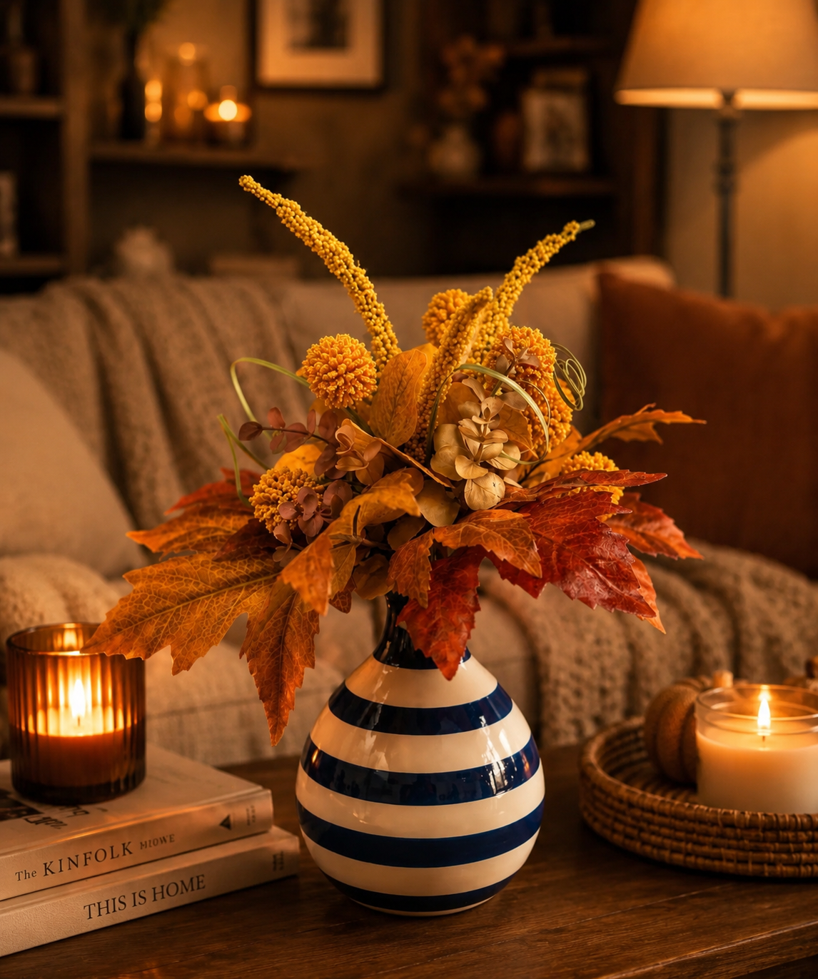 Autumn Floral Arrangement in Blue & White Ceramic Vase