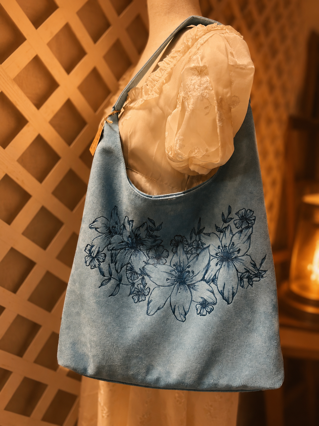 Hand-Burned Daylily Faux Suede Shoulder Bag with Matching Zipper Clutch