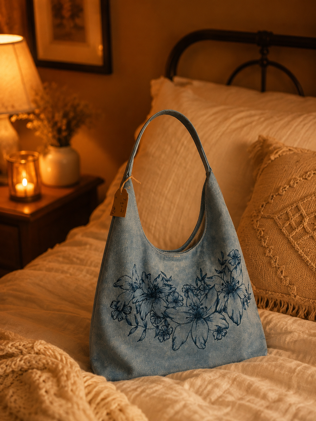 Hand-Burned Daylily Faux Suede Shoulder Bag with Matching Zipper Clutch