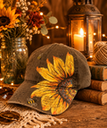 Hand Painted Sunflower Baseball Cap with Bees Gray Cotton Hat One of a Kind Floral Art