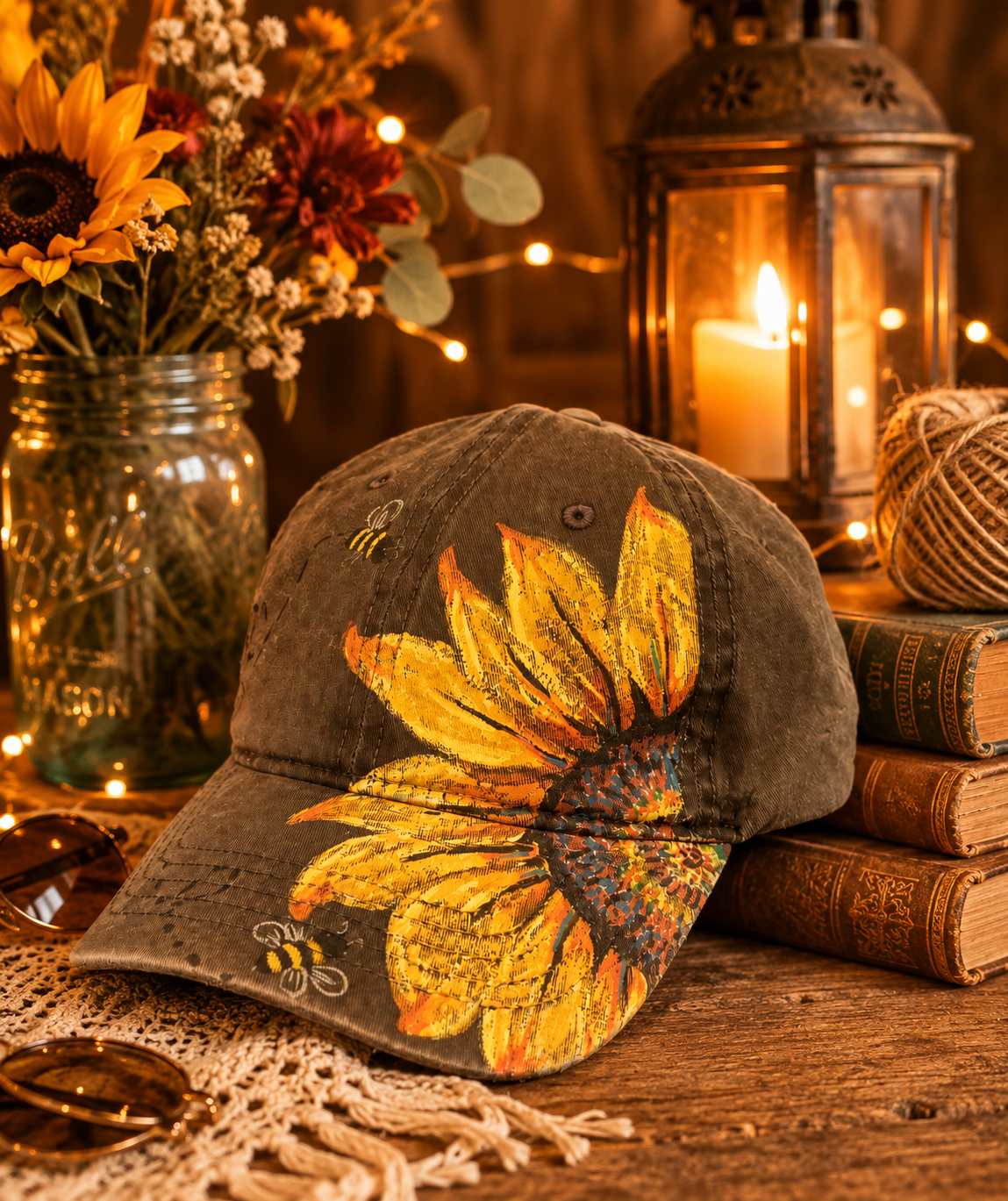 Hand Painted Sunflower Baseball Cap with Bees Gray Cotton Hat One of a Kind Floral Art