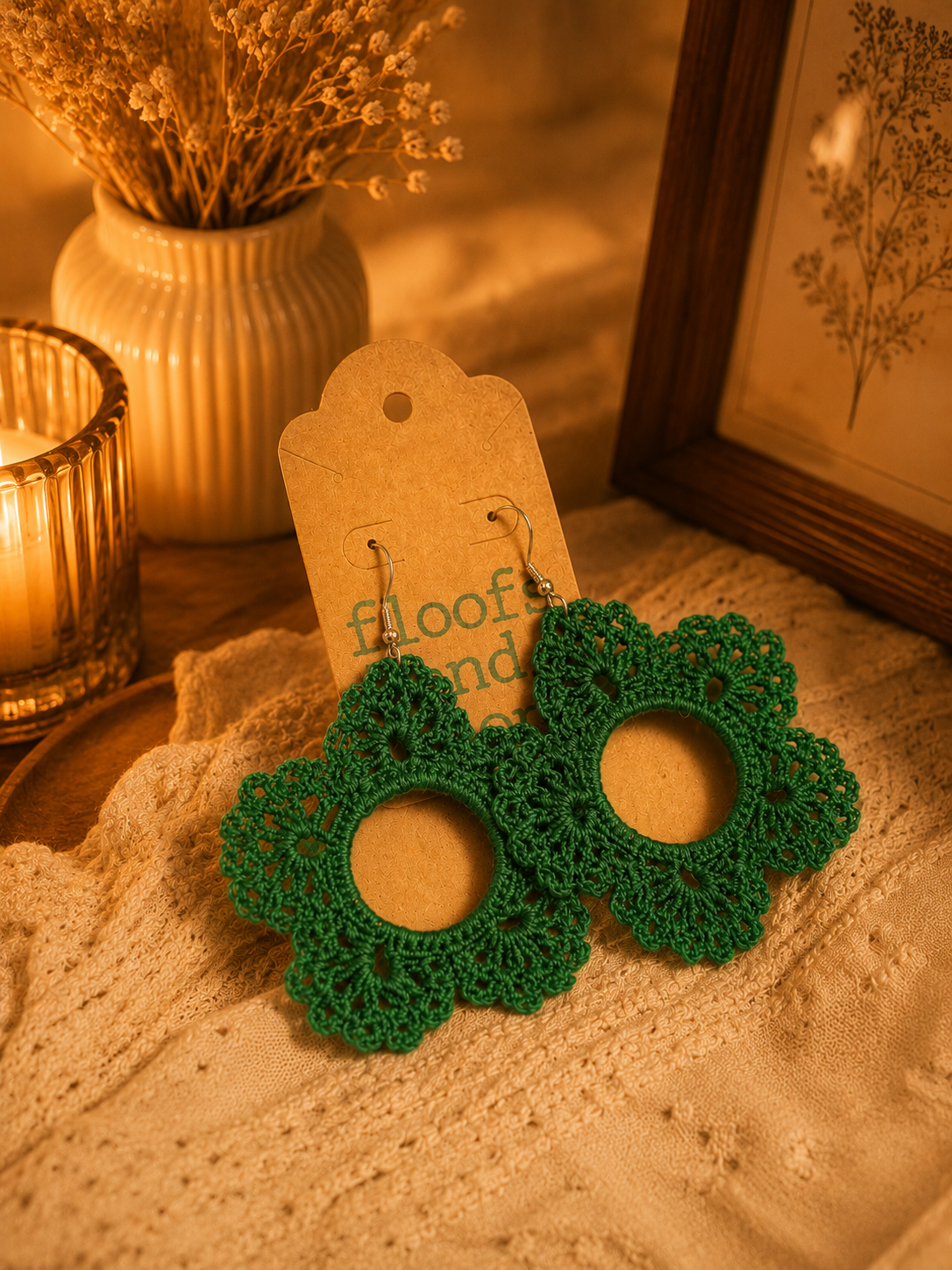 Emerald Green Crochet Floral Hoop Earrings Handmade Boho Lace Earrings