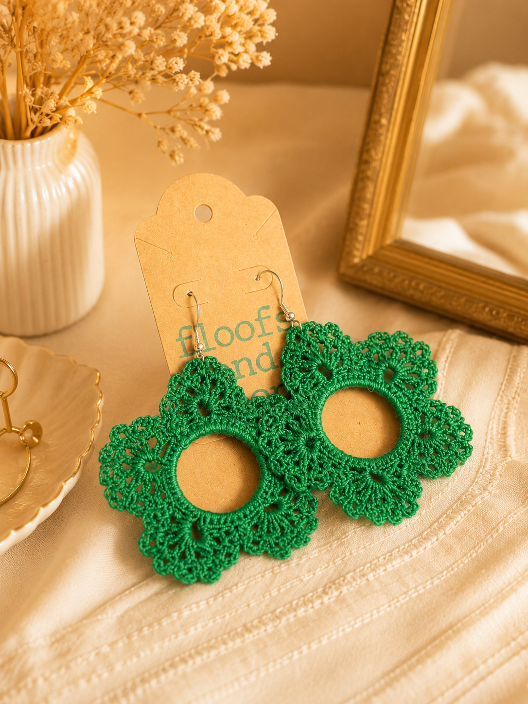 Emerald Green Crochet Floral Hoop Earrings Handmade Boho Lace Earrings