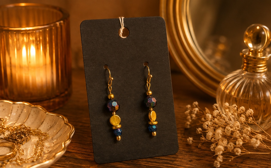 Blue & Gold Beaded Dangle Earrings with Iridescent Crystal Accents