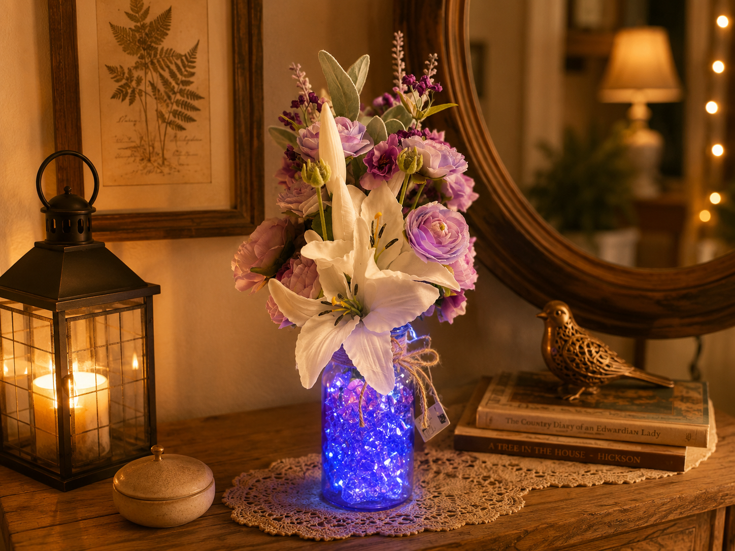 Purple & White Floral Arrangement in Blue Glass Vase