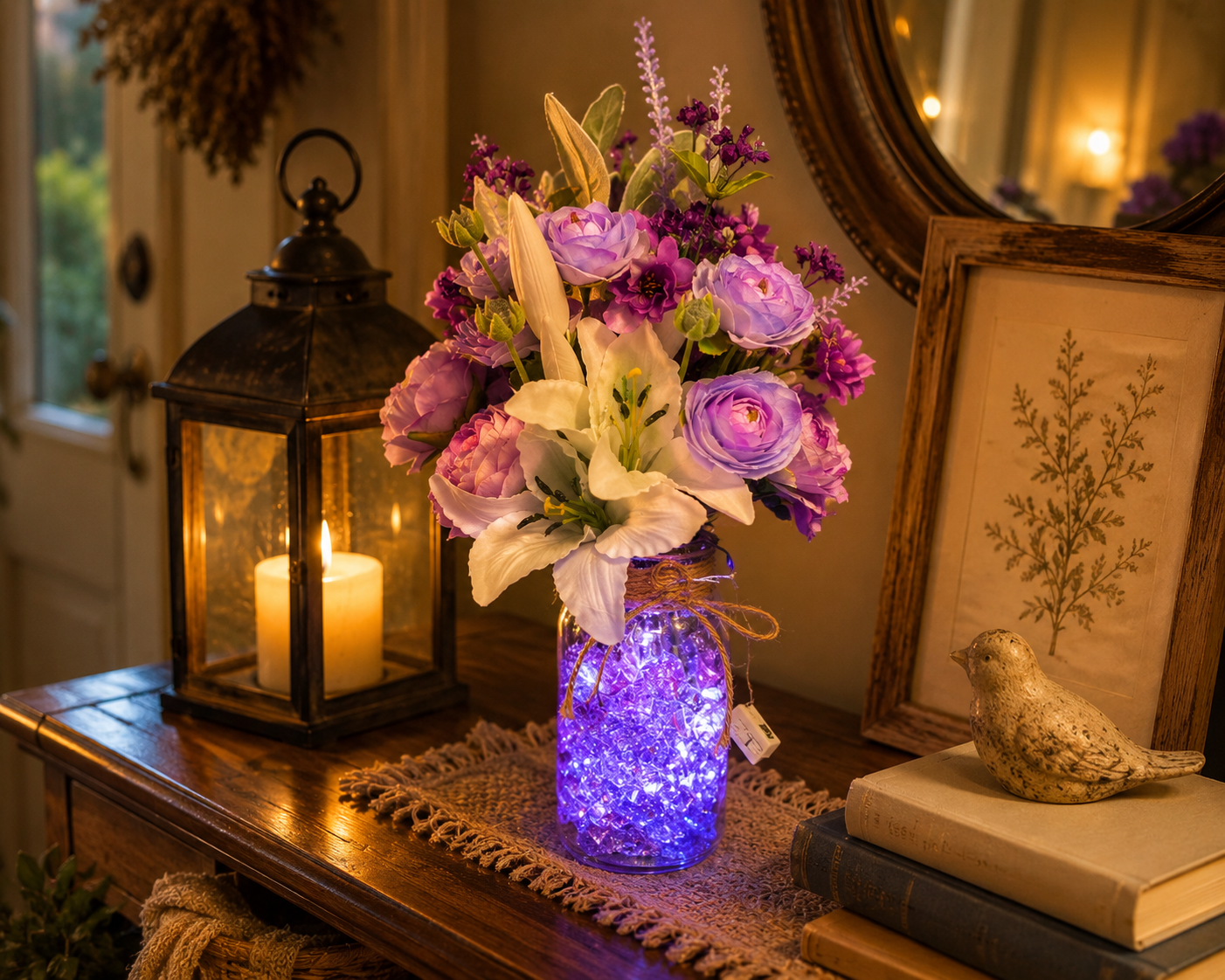 Purple & White Floral Arrangement in Blue Glass Vase