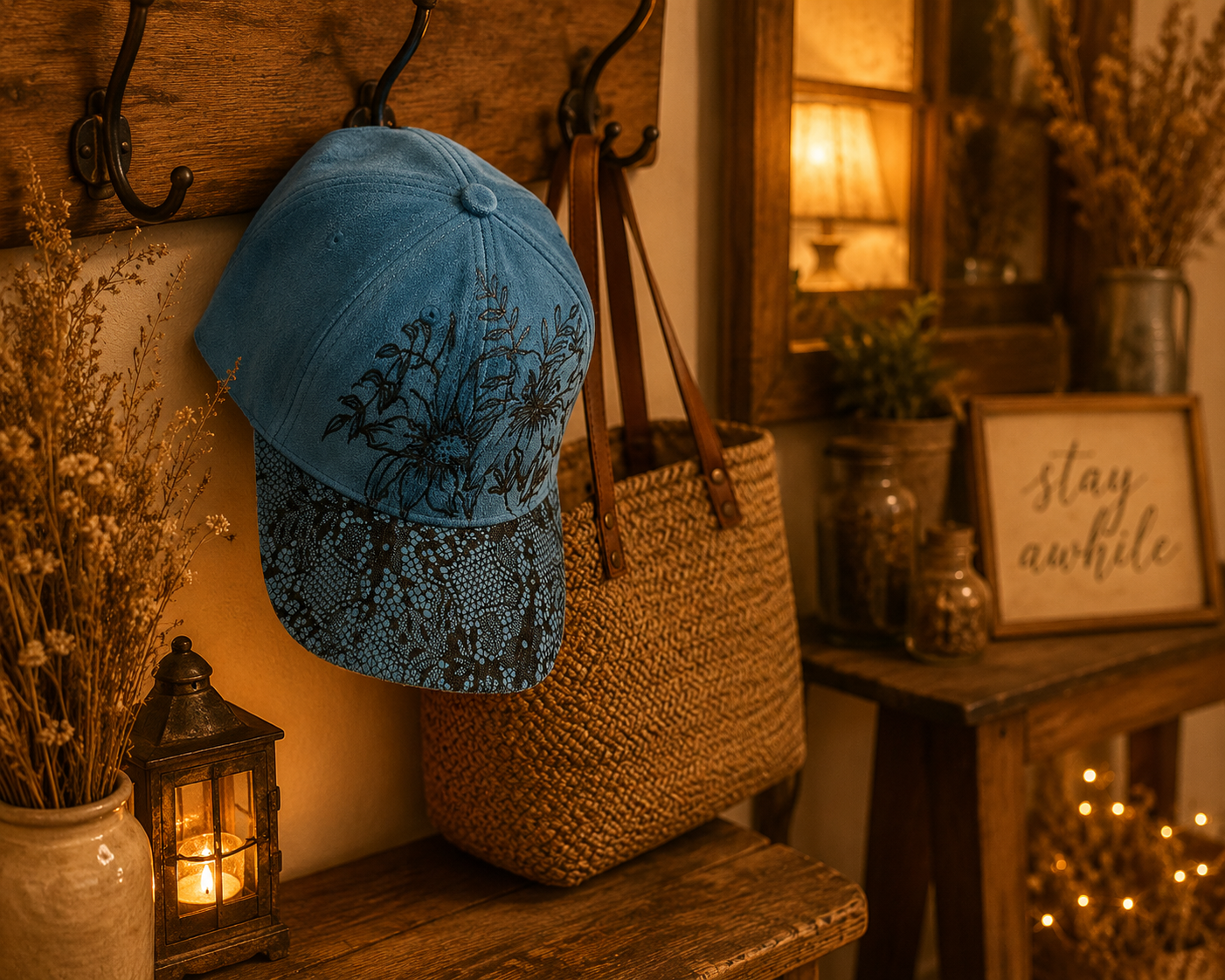 Hand-Burned Floral Blue Faux Suede Hat with Lace Brim