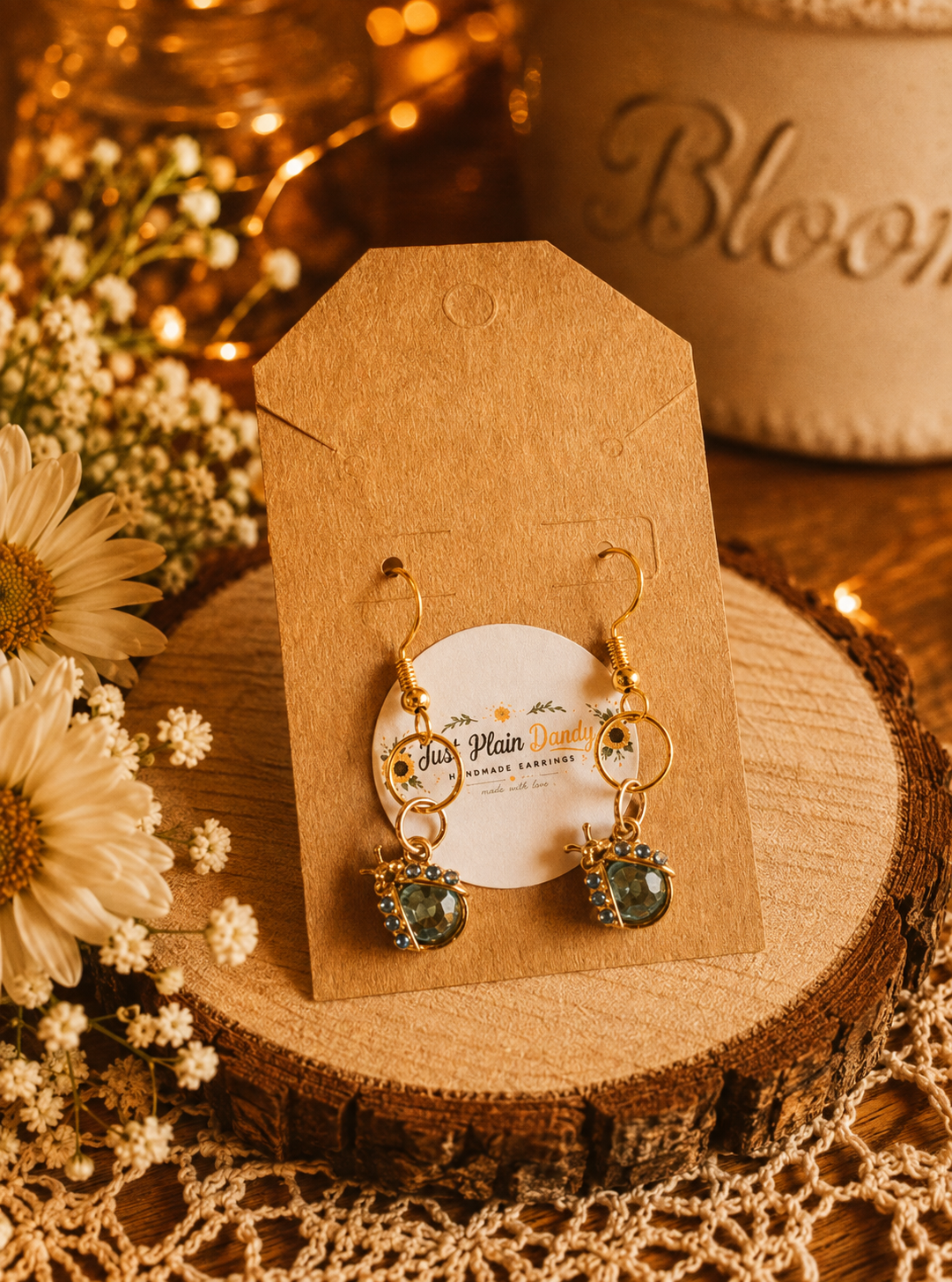 Blue Rhinestone Ladybug Gold Dangle Earrings