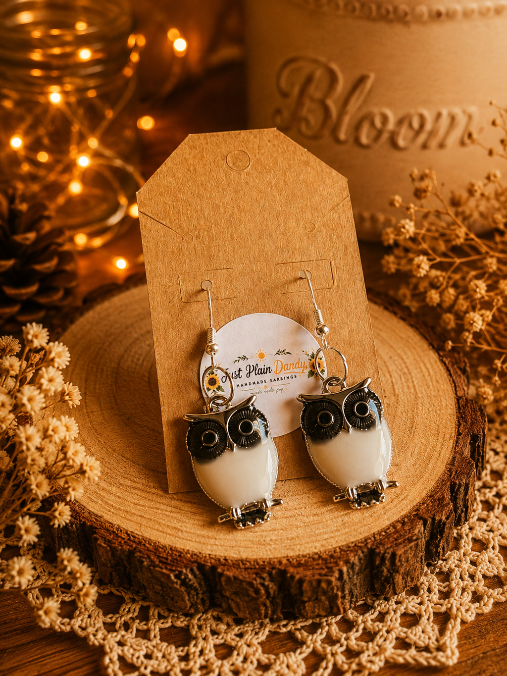 Black & White Owl Dangle Earrings – Silver Tone Woodland Jewelry