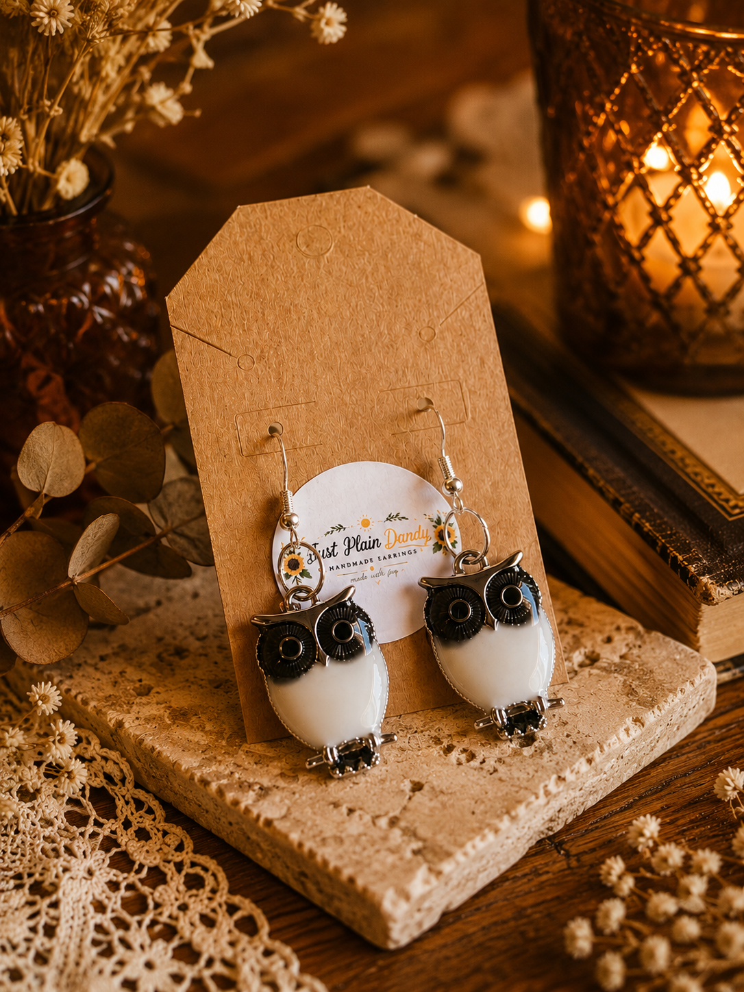 Black & White Owl Dangle Earrings – Silver Tone Woodland Jewelry