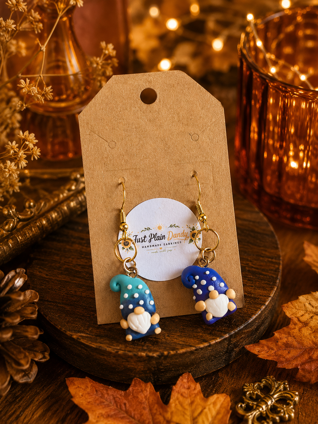 Blue & Teal Gnome Dangle Earrings Whimsical Polka Dot Gnome Jewelry