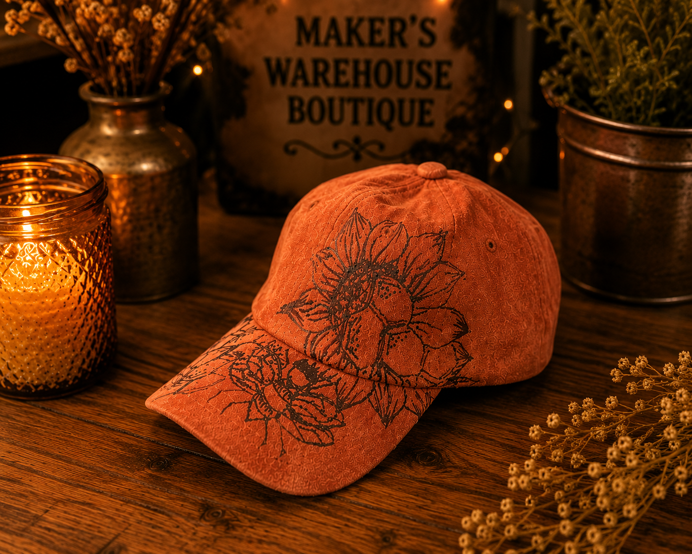 Rust Floral Pyrography Faux Suede Baseball Hat Adjustable