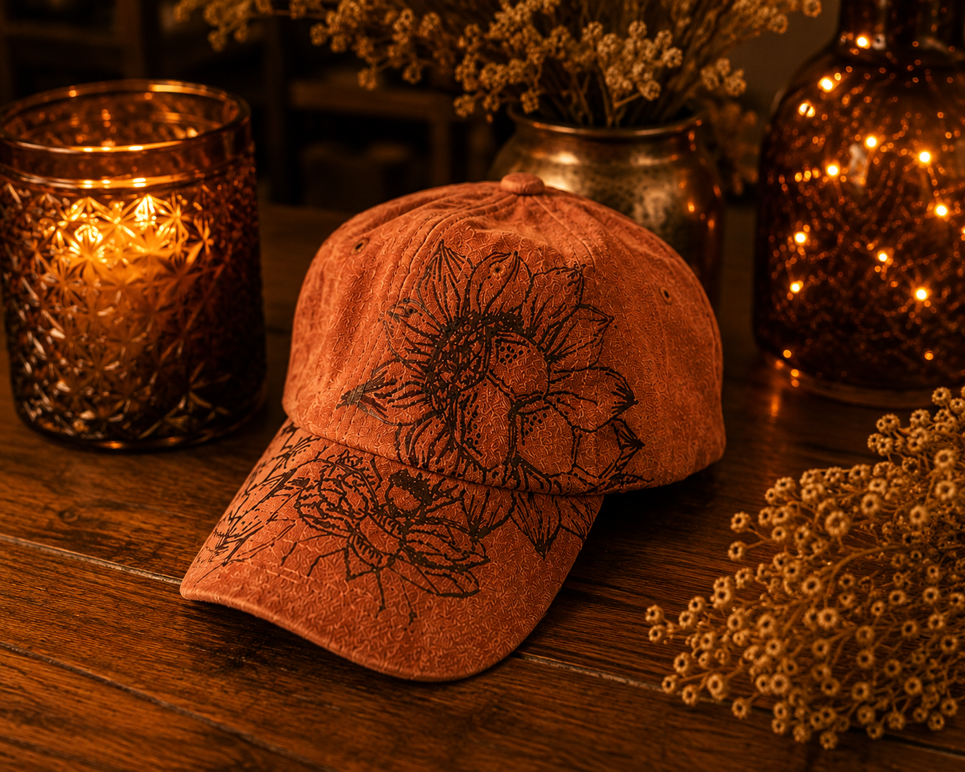 Rust Floral Pyrography Faux Suede Baseball Hat Adjustable