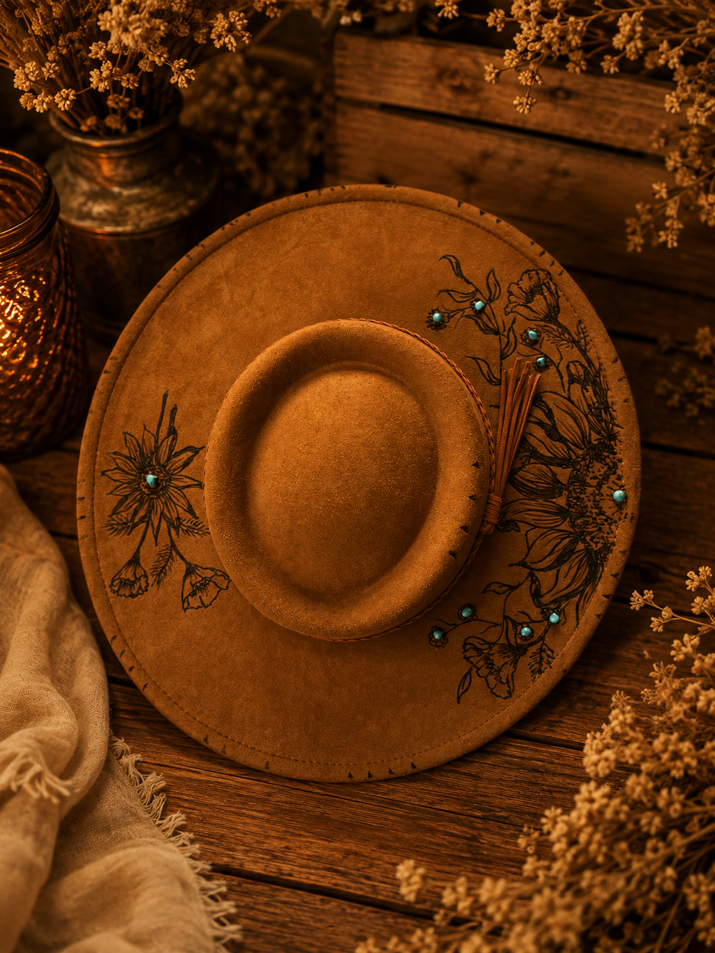 Camel Brown Wide Brim Floral Pyrography Hat with Turquoise Accents