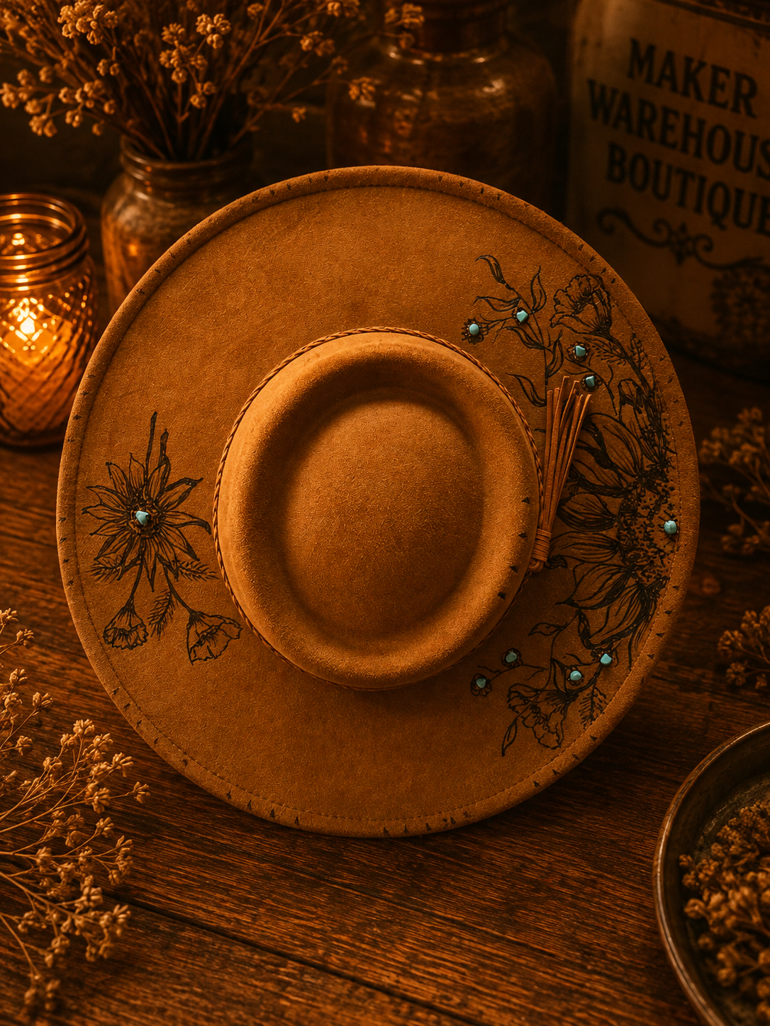 Camel Brown Wide Brim Floral Pyrography Hat with Turquoise Accents