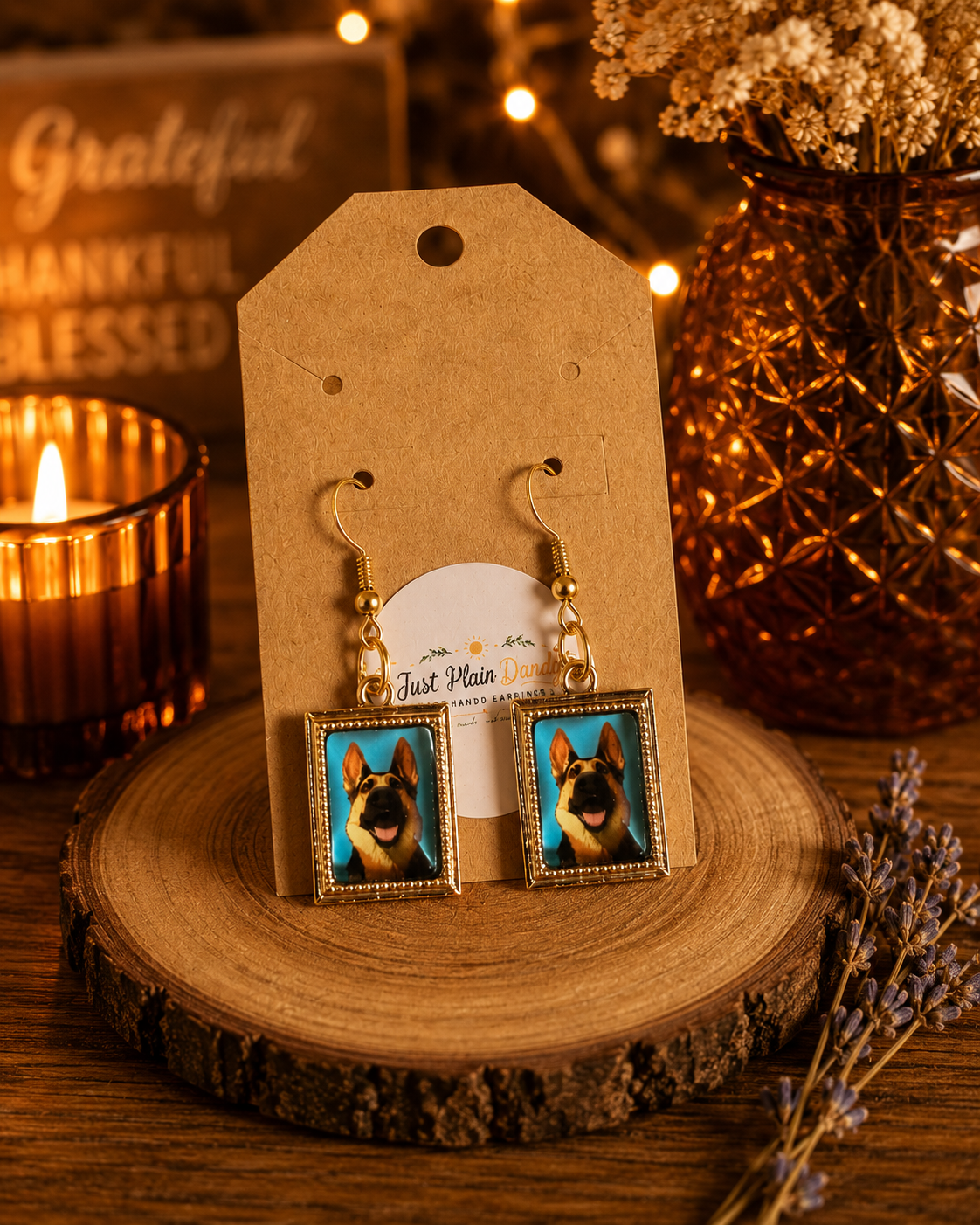 German Shepherd Portrait Dangle Earrings Gold Tone Dog Lover Jewelry
