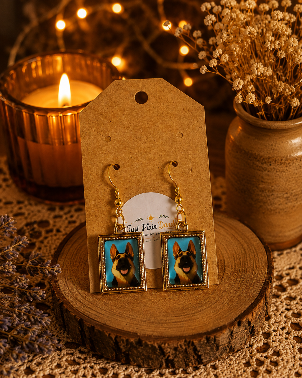 German Shepherd Portrait Dangle Earrings Gold Tone Dog Lover Jewelry