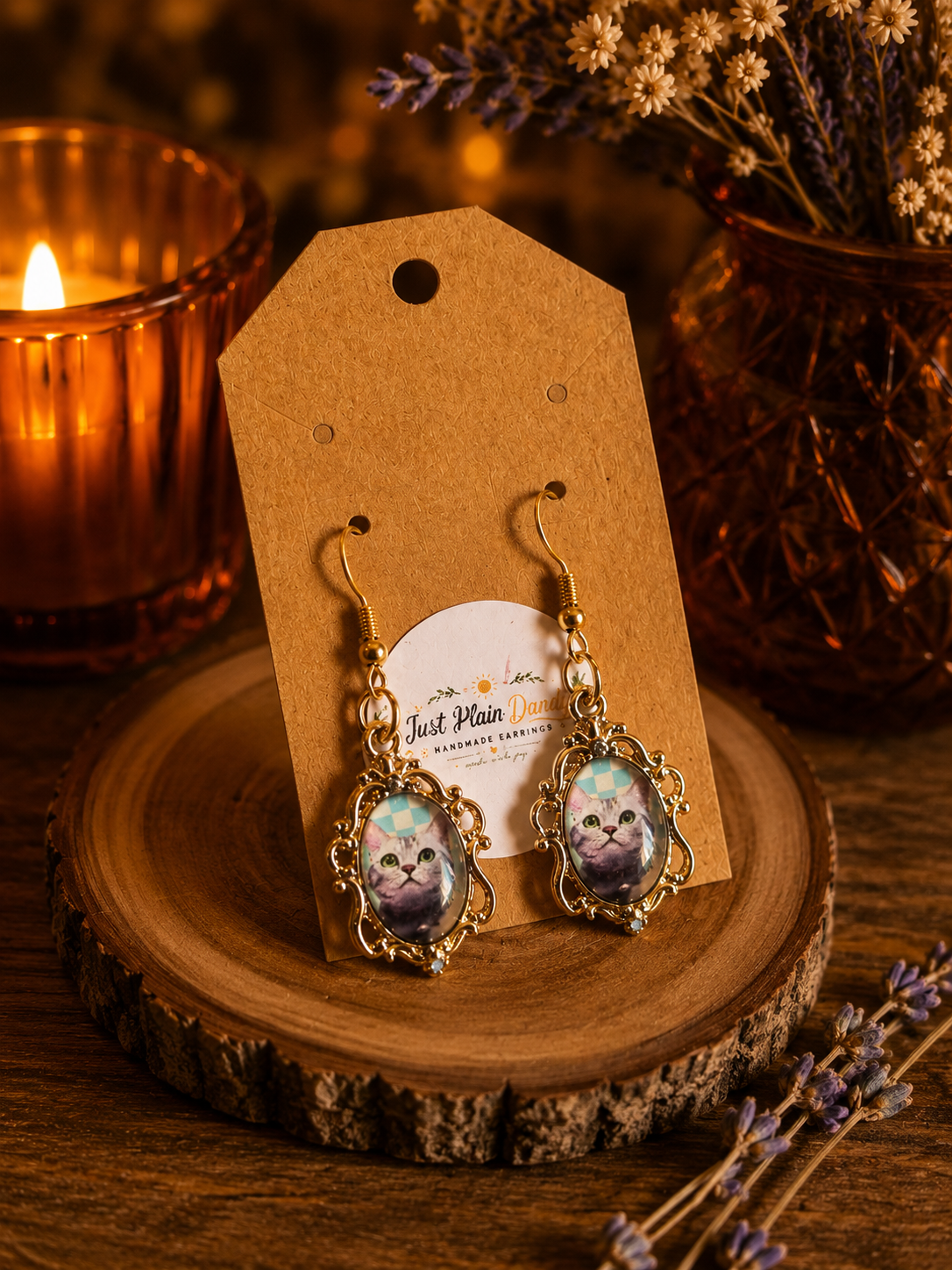 Whimsical Cat Portrait Dangle Earrings Gold Tone Ornate Frame