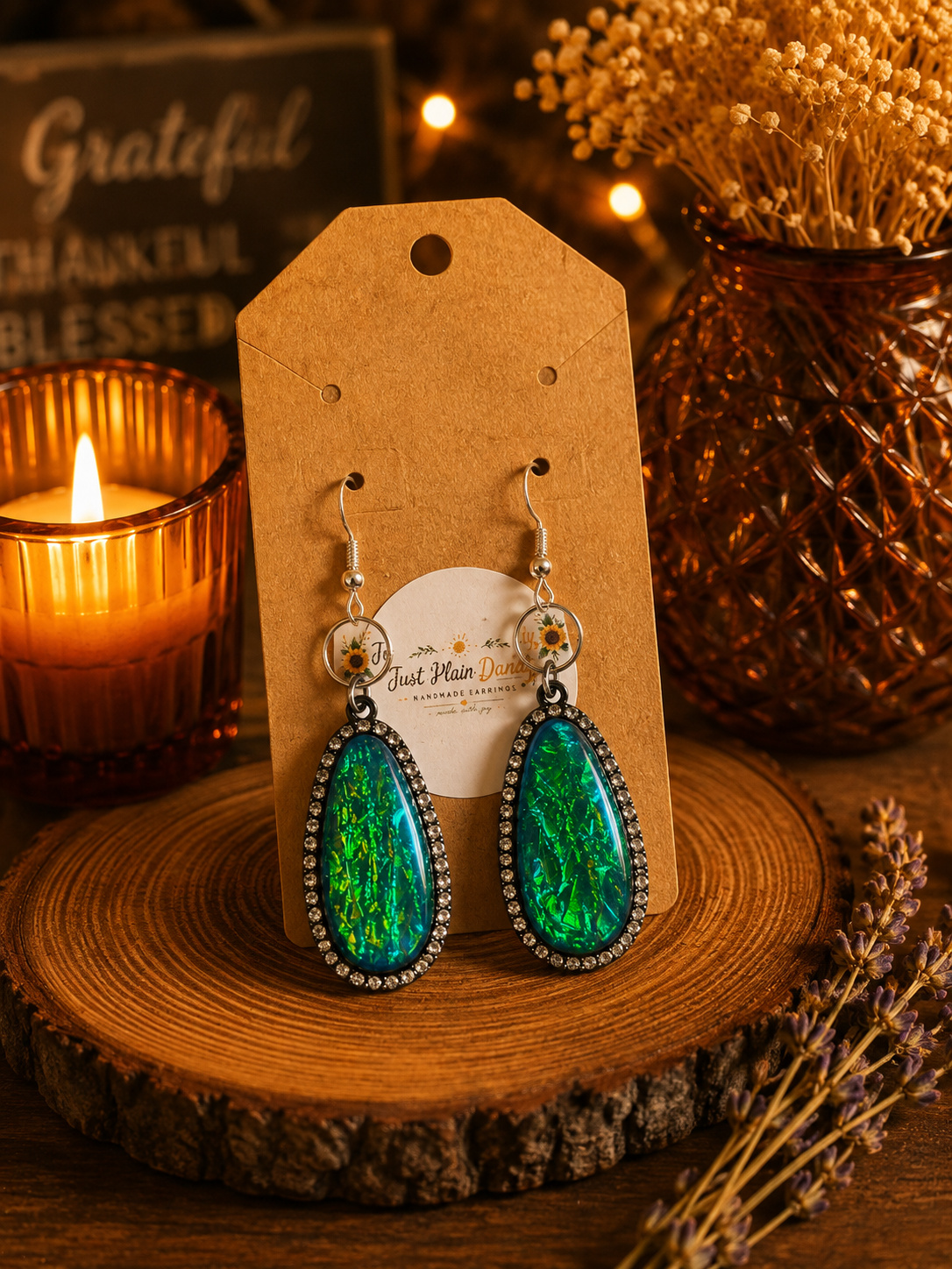 Iridescent Emerald Green Teardrop Dangle Earrings