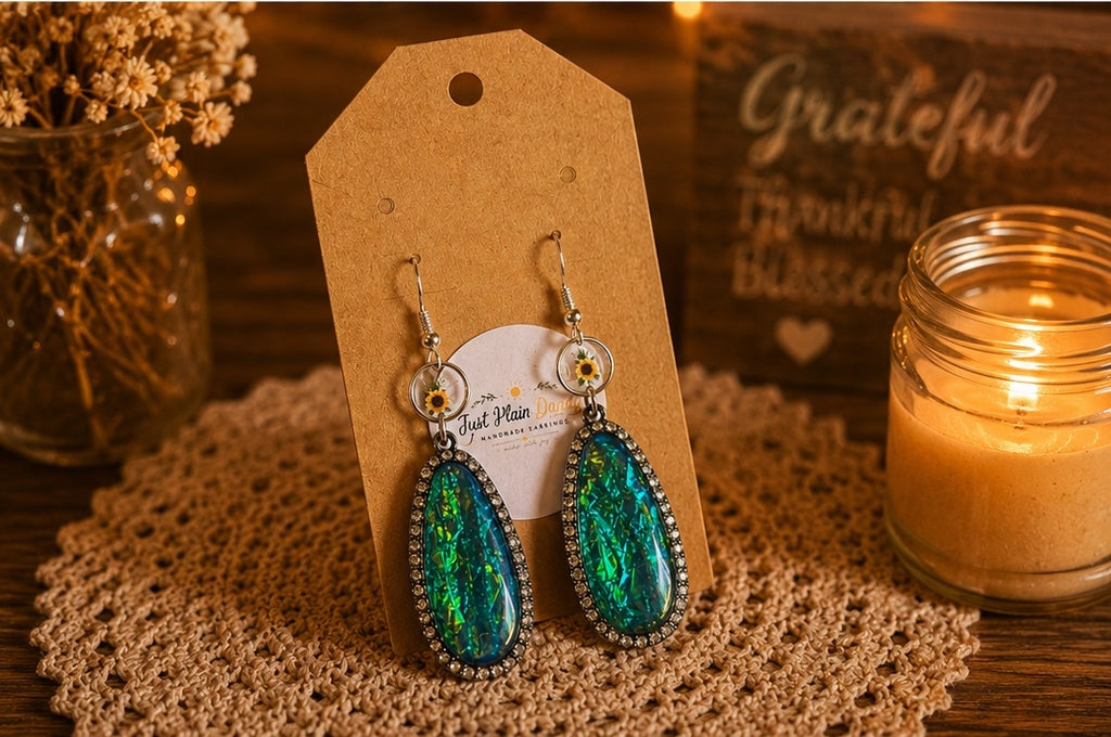 Iridescent Emerald Green Teardrop Dangle Earrings