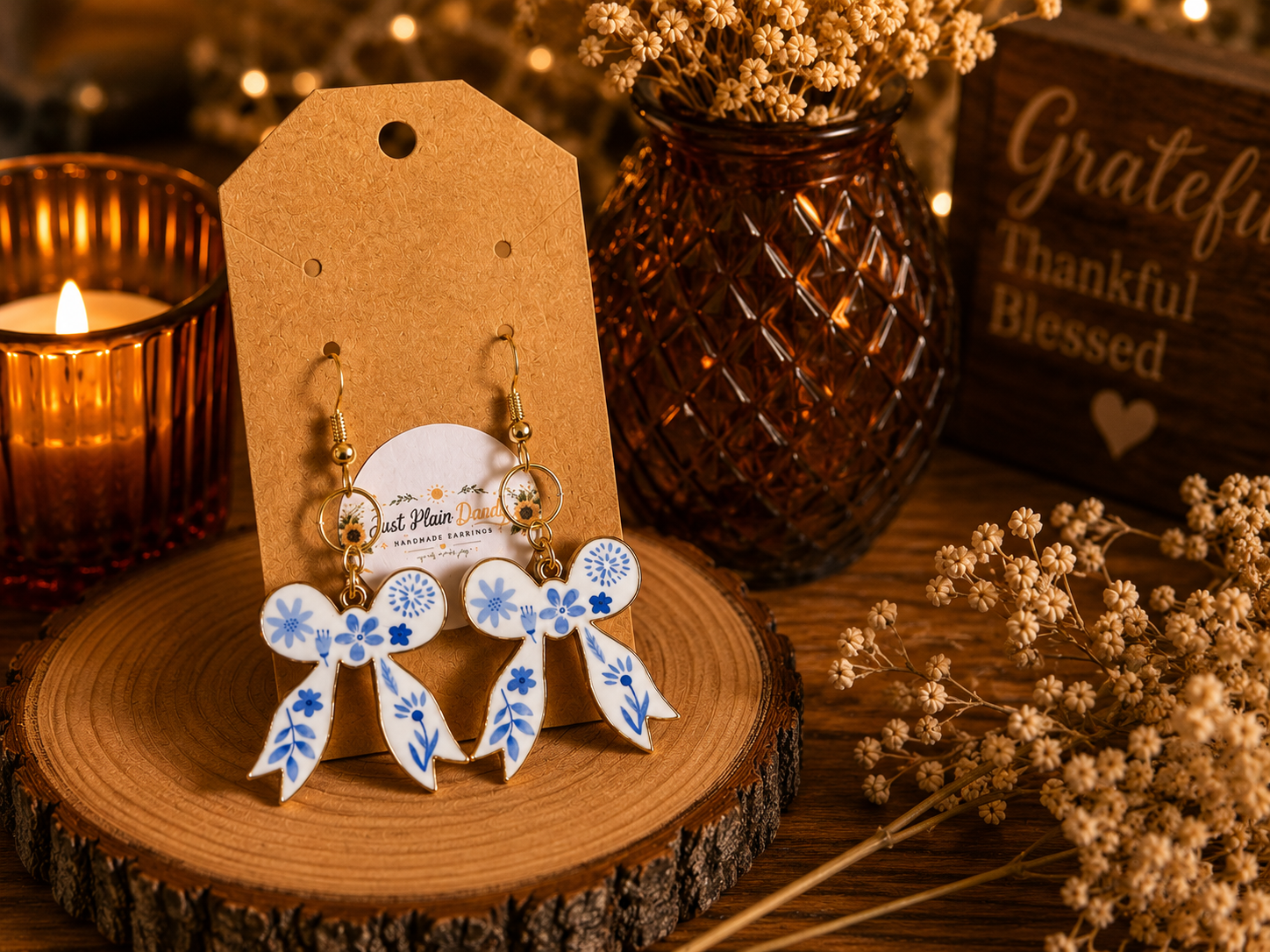 Blue & White Floral Bow Dangle Earrings with Gold-Tone Accents