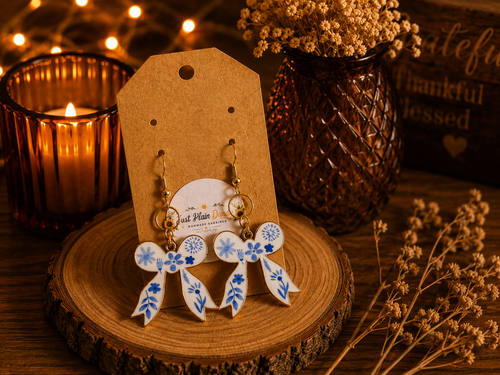 Blue & White Floral Bow Dangle Earrings with Gold-Tone Accents