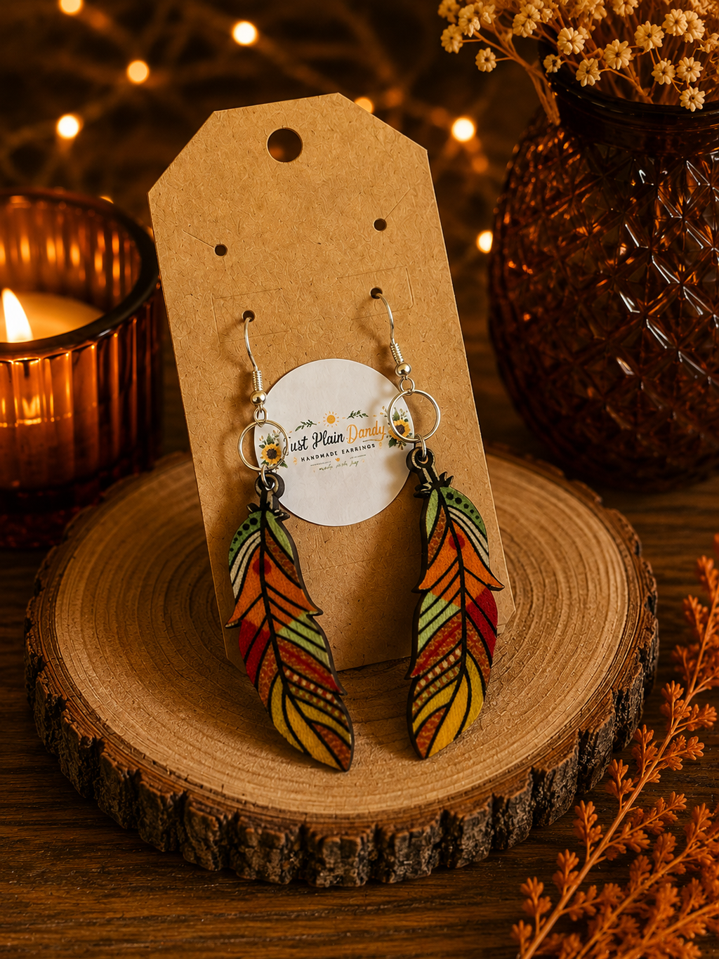 Colorful Boho Feather Dangle Earrings Fall Autumn Statement Jewelry