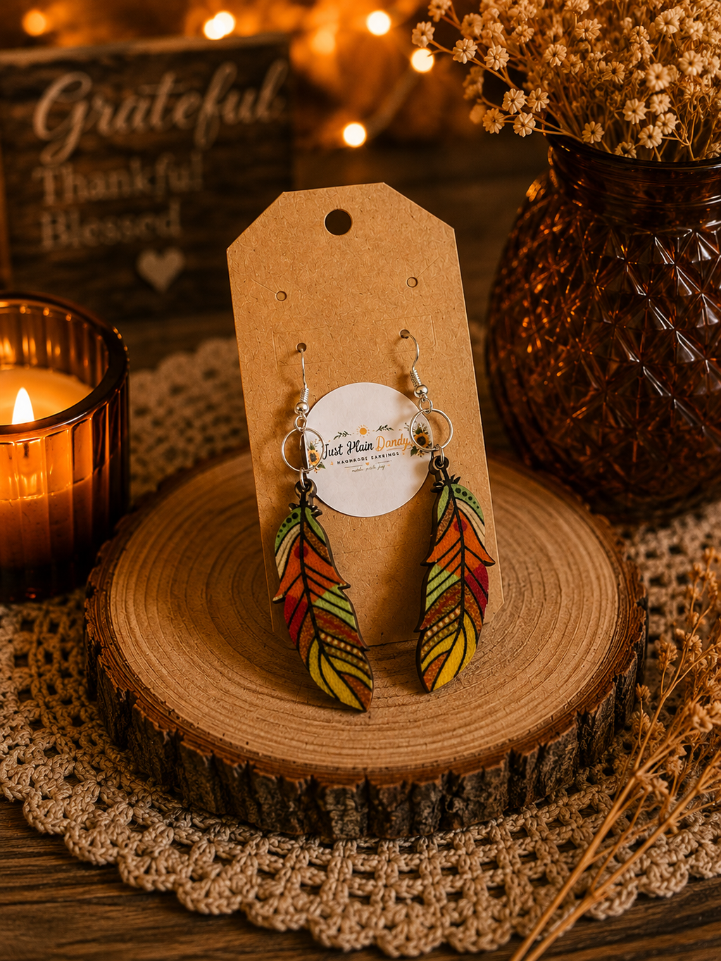 Colorful Boho Feather Dangle Earrings Fall Autumn Statement Jewelry