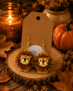 Lion Pom-Pom Dangle Earrings Brown & Golden Yellow